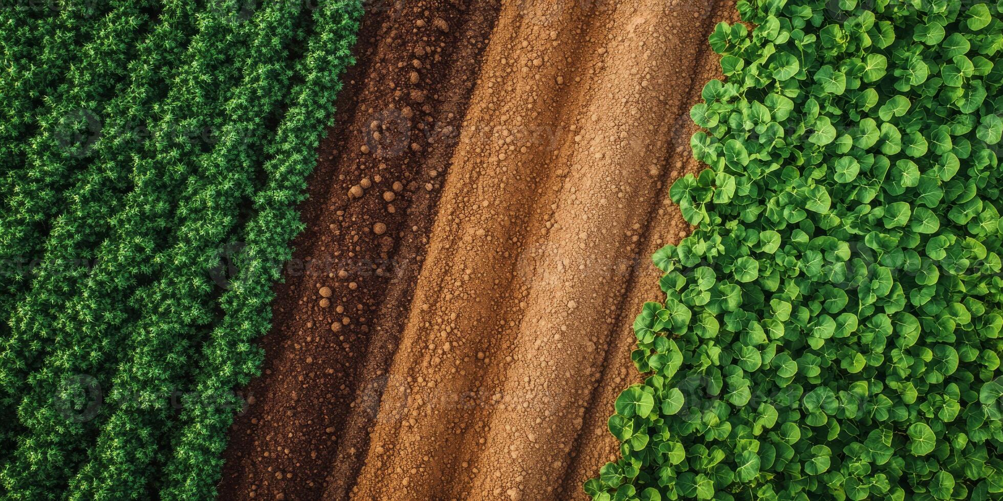 This stunning aerial view beautifully showcases the vibrant green crop fields that sit adjacent to freshly plowed soil, highlighting the breathtaking beauty of agriculture and farming practices photo
