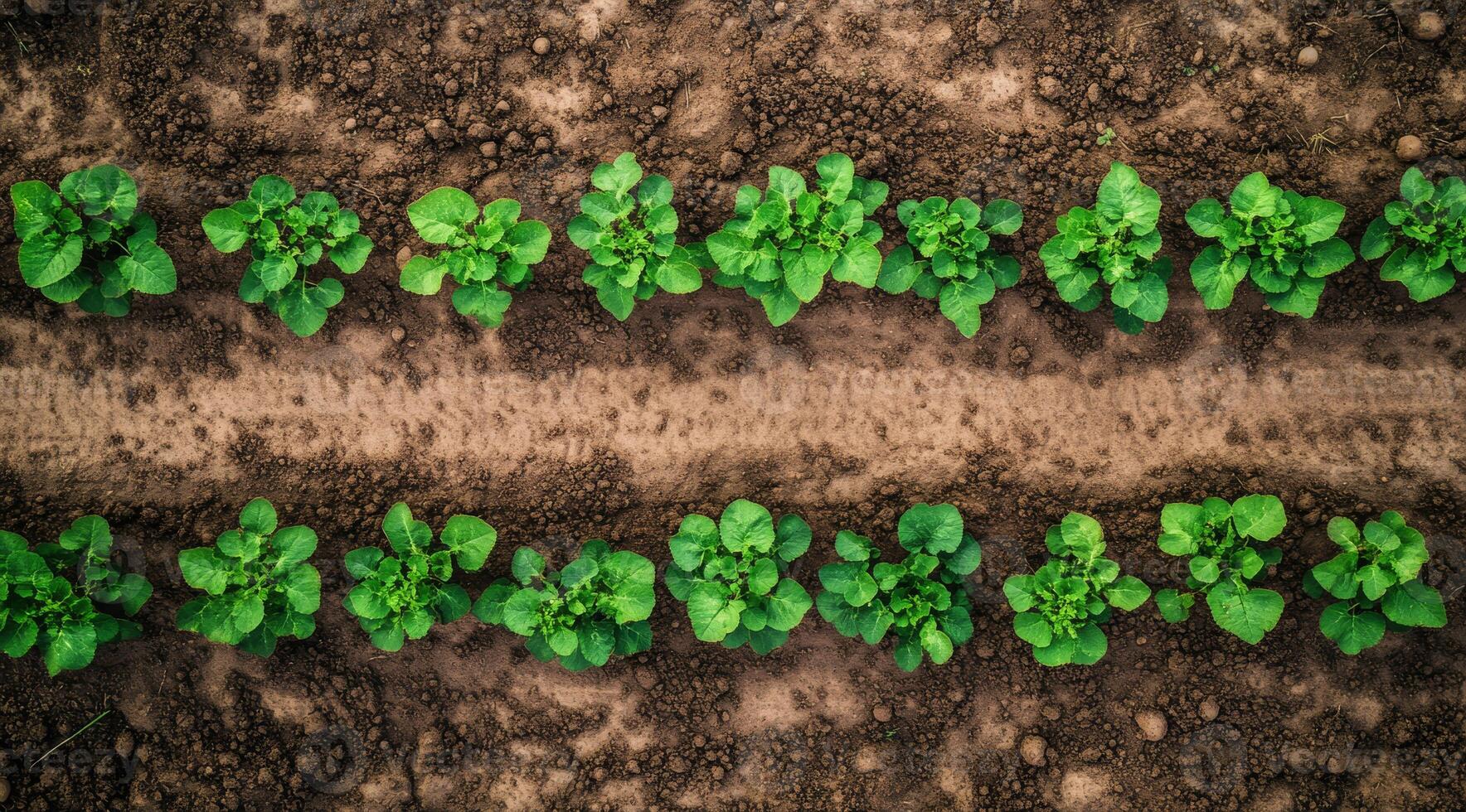 This aerial view showcases a lush green crop field beside freshly plowed land, highlighting the beauty and productivity of sustainable farming practices and natures abundant bounty photo