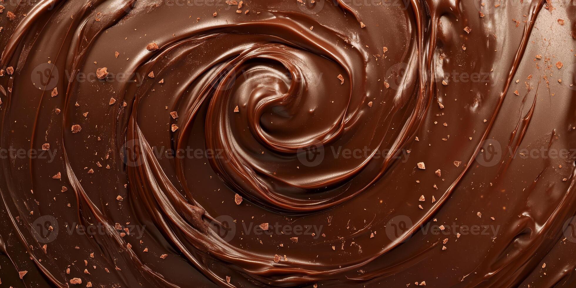 This is a closeup view that showcases a rich, smooth, and melted chocolate swirl, making it ideal for dessert decoration, cooking inspiration, or enhancing bakery themes and aesthetics photo