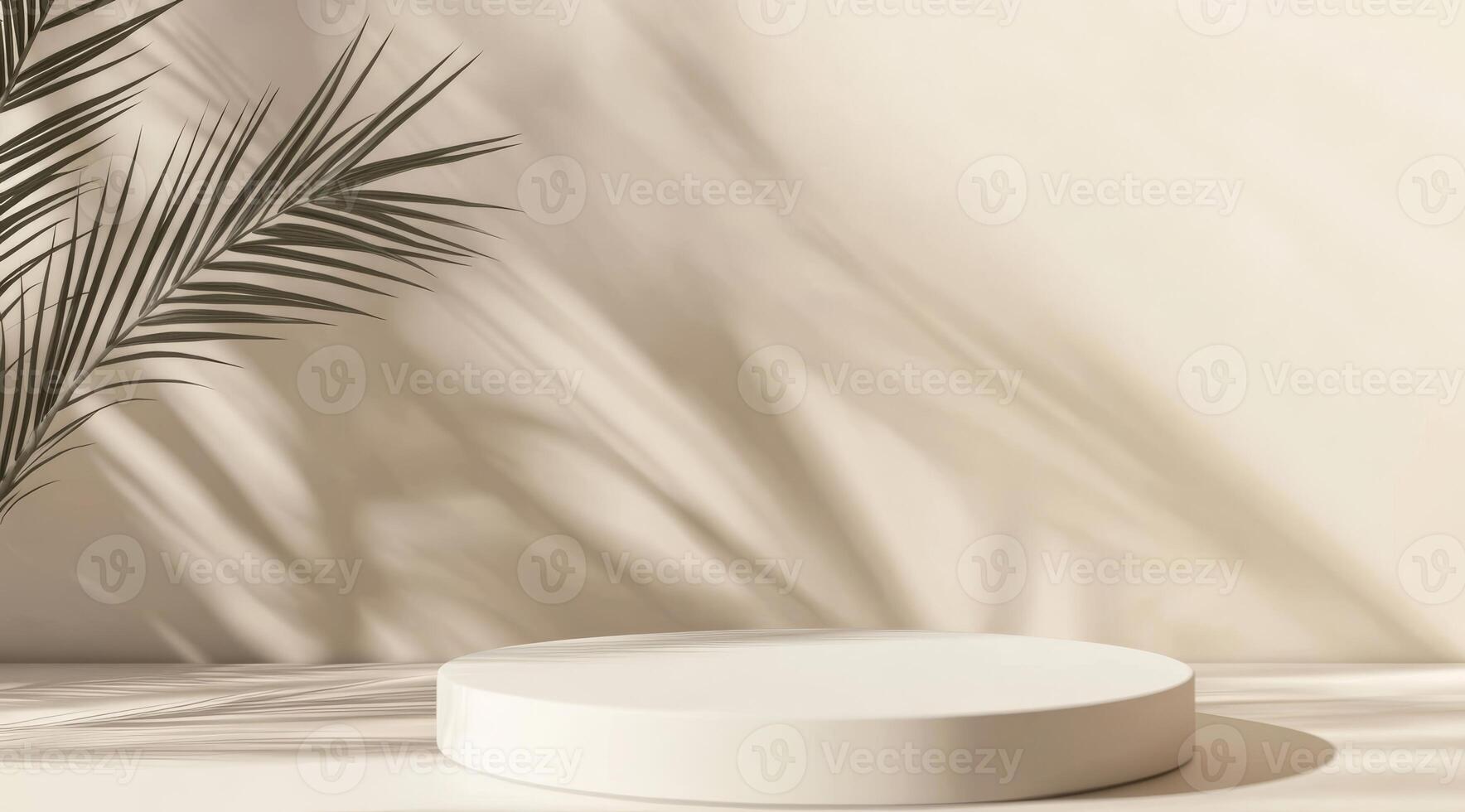 This elegant beige background features a minimalistic podium with vibrant palm leaves, ideal for eyecatching product showcases and stylish mockups that inspire creativity and invite interaction photo
