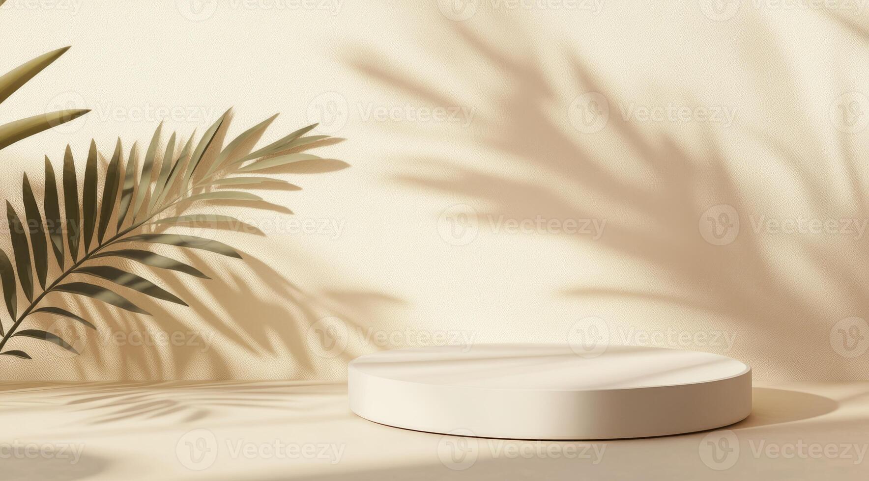 The backdrop boasts a serene beige color, showcasing a round podium surrounded by the gentle shadows of tropical palm trees, creating an ideal setting for elegant product presentations to shine photo
