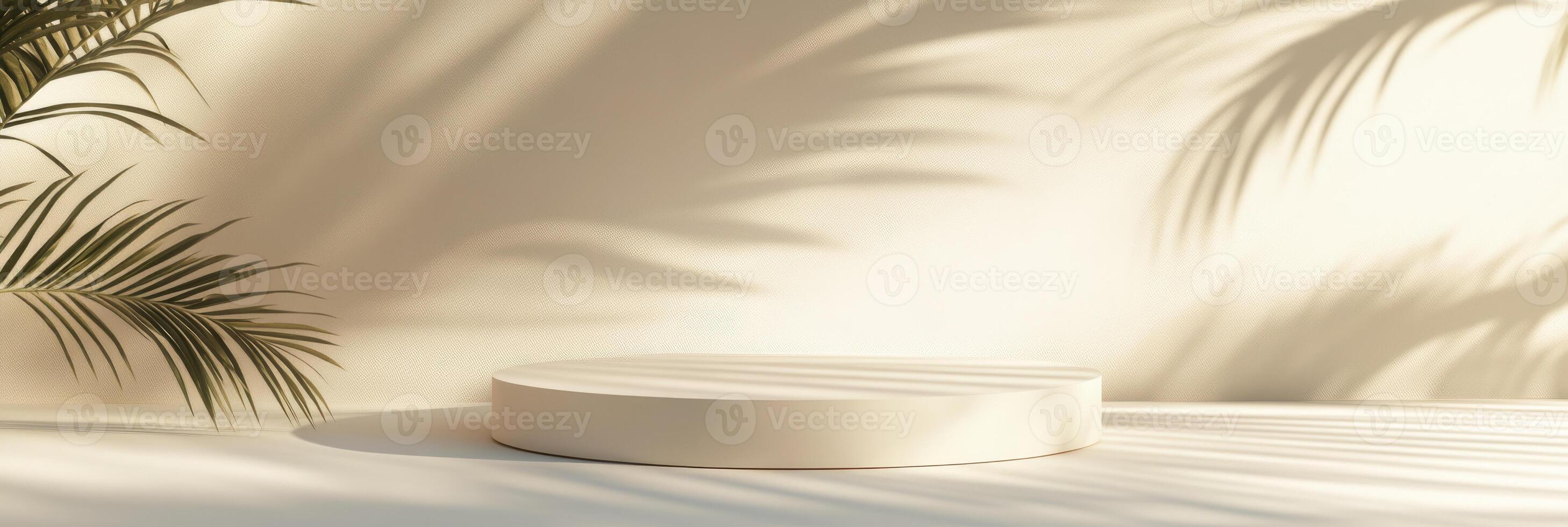 This elegant beige pastel backdrop with a stylish podium is perfect for showcasing products. Enhanced by tropical palm leaf shadows, it adds depth and is ideal for various advertising needs photo