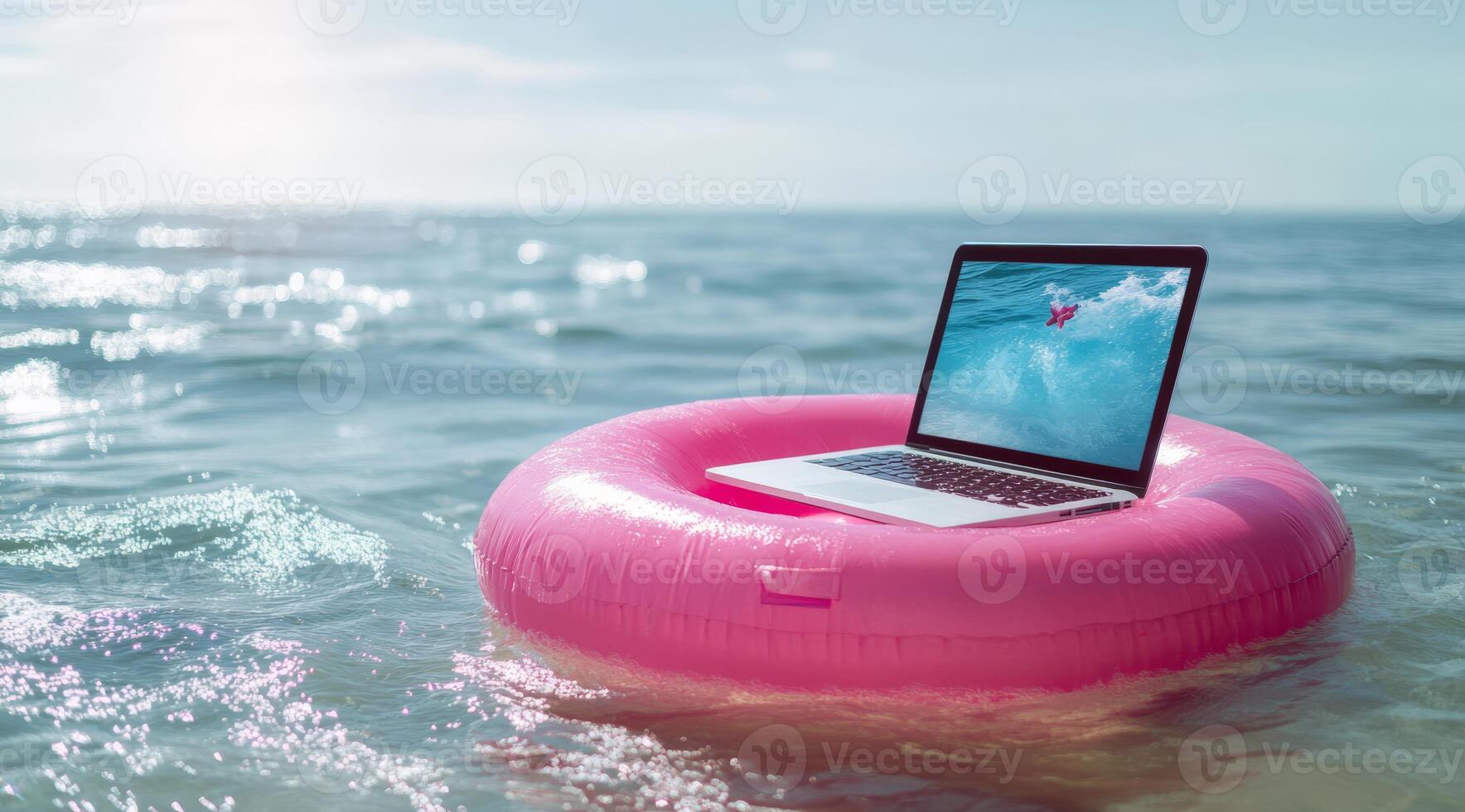 A highperformance laptop floats on a pink pool float in turquoise waters, symbolizing worklife balance that workaholics crave, highlighting the importance of recharging amid busy lives photo