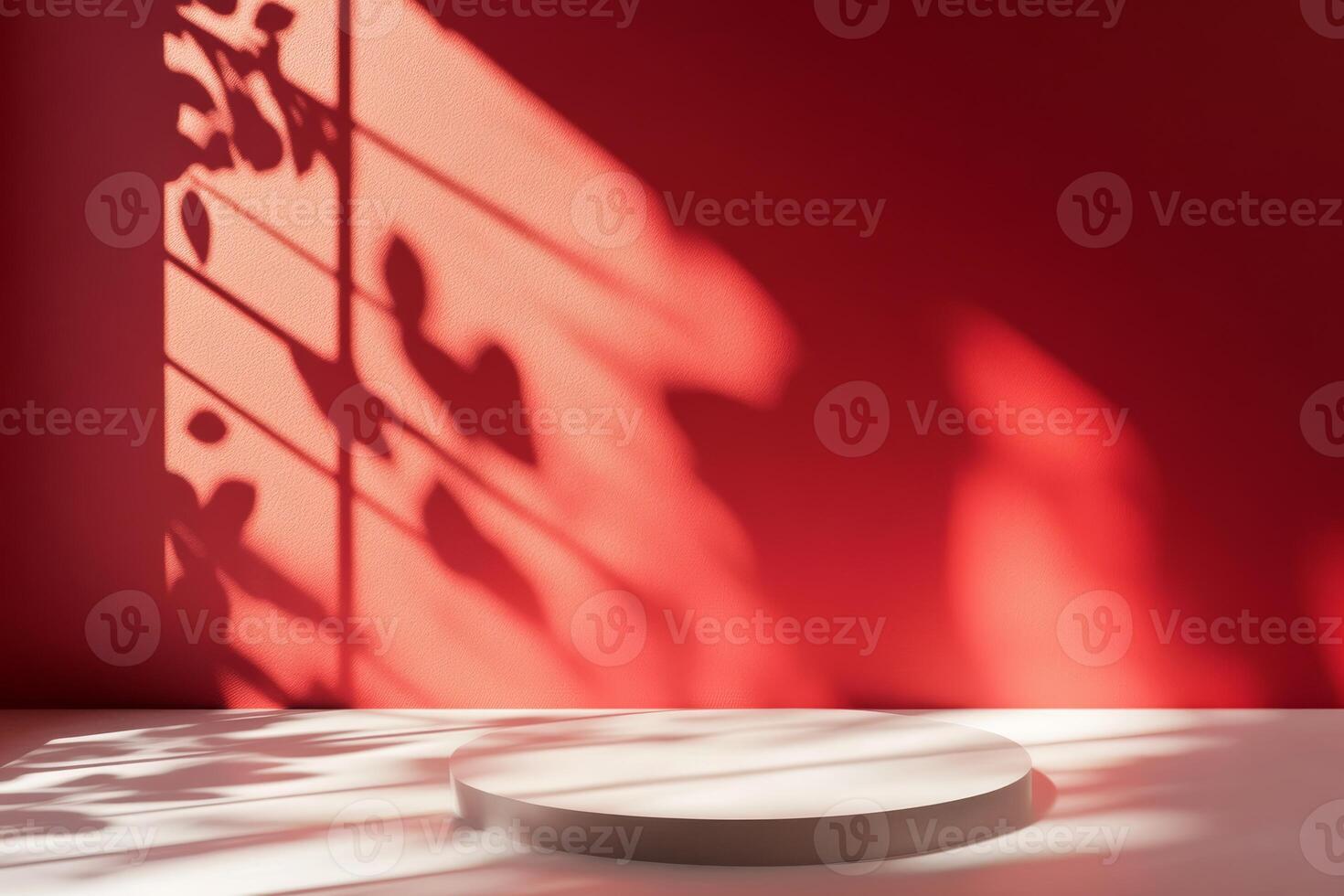 A minimalist scene with a circular base against a rich red wall, enhanced by subtle shadows adding depth photo