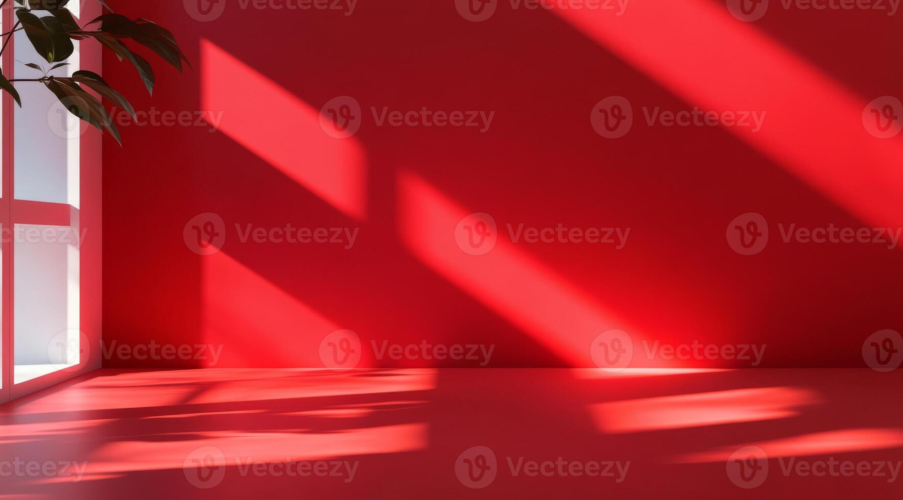 A modern and contemporary space showcasing bold red walls alongside striking light patterns throughout the area photo