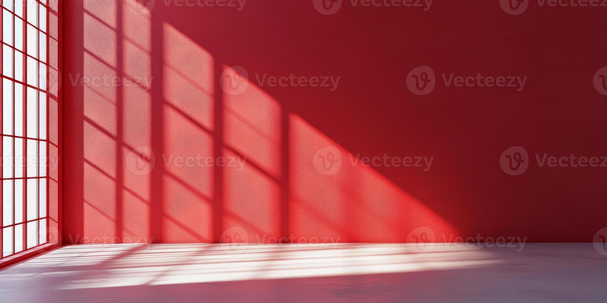A bold red wall enhances the space, casting shadows that create a dynamic atmosphere in a minimalistic setting photo