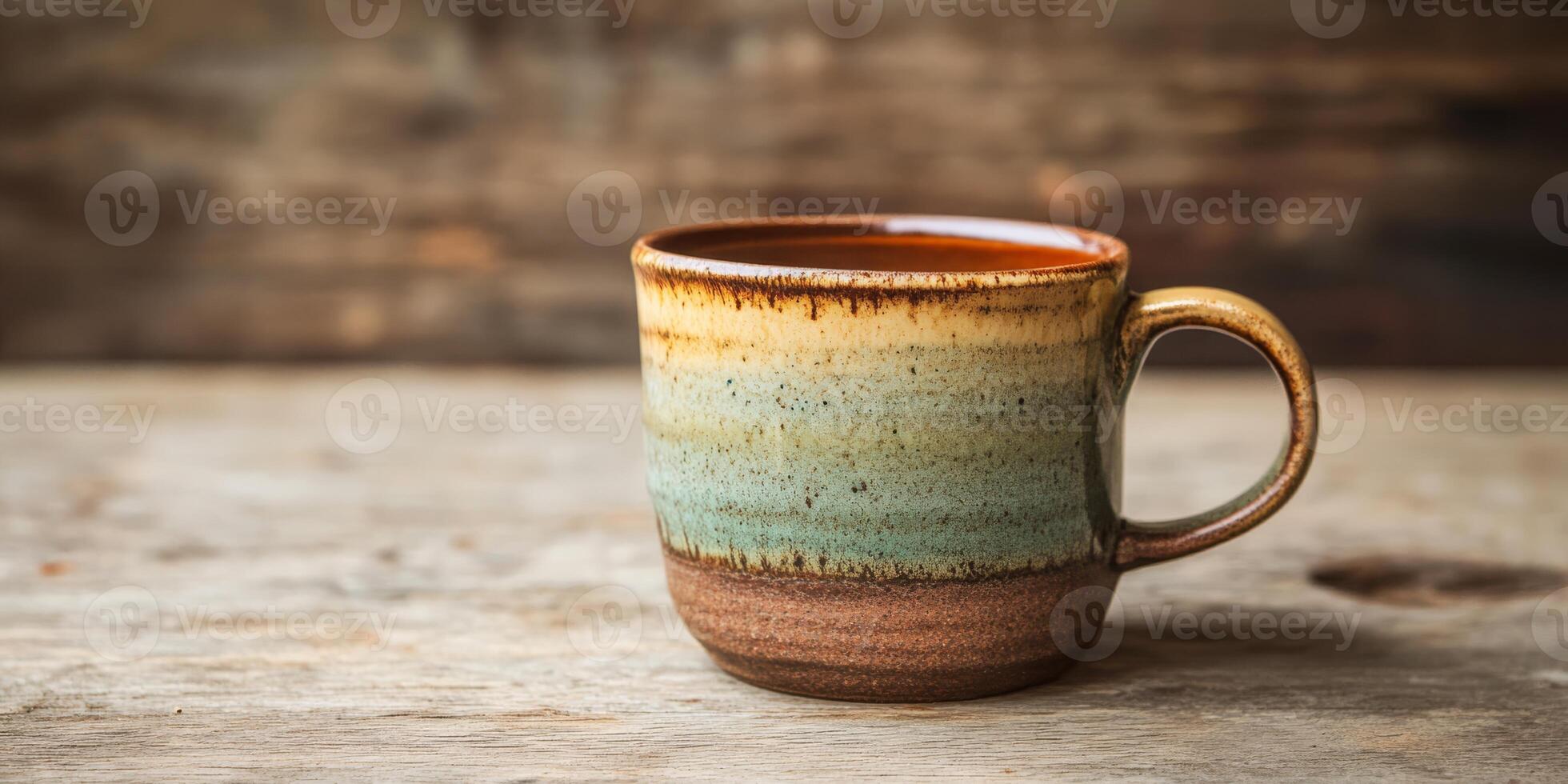 This is a beautifully crafted ceramic coffee cup that showcases earthy colors combined with a rustic design, making it the perfect companion for your delightful morning brew or any warm beverage photo