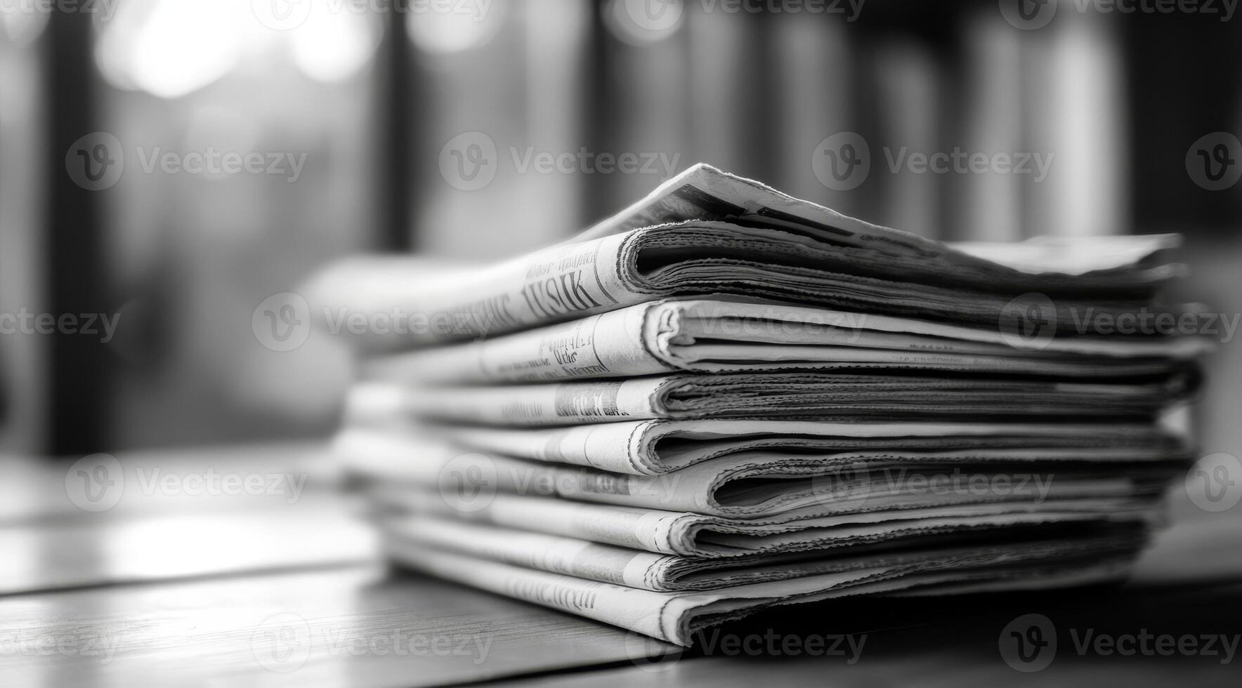This monochromatic image beautifully showcases a neatly arranged pile of newspapers, reflecting the timeless essence of print media and its crucial role in communication across various societies photo
