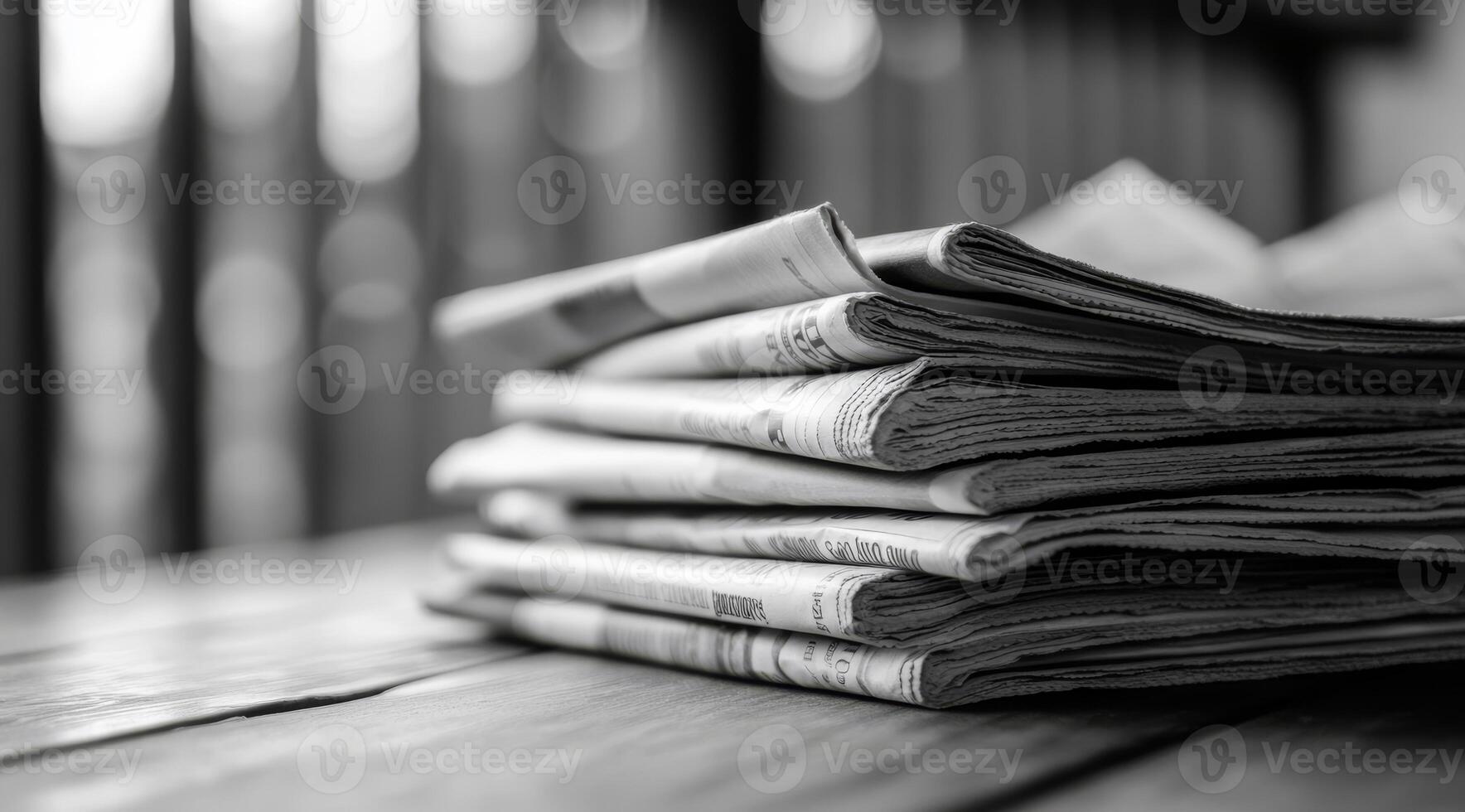 A monochrome image shows a stack of vintage newspapers on a rustic table, evoking nostalgia and inviting reflection on the past and the timeless stories contained within their pages photo
