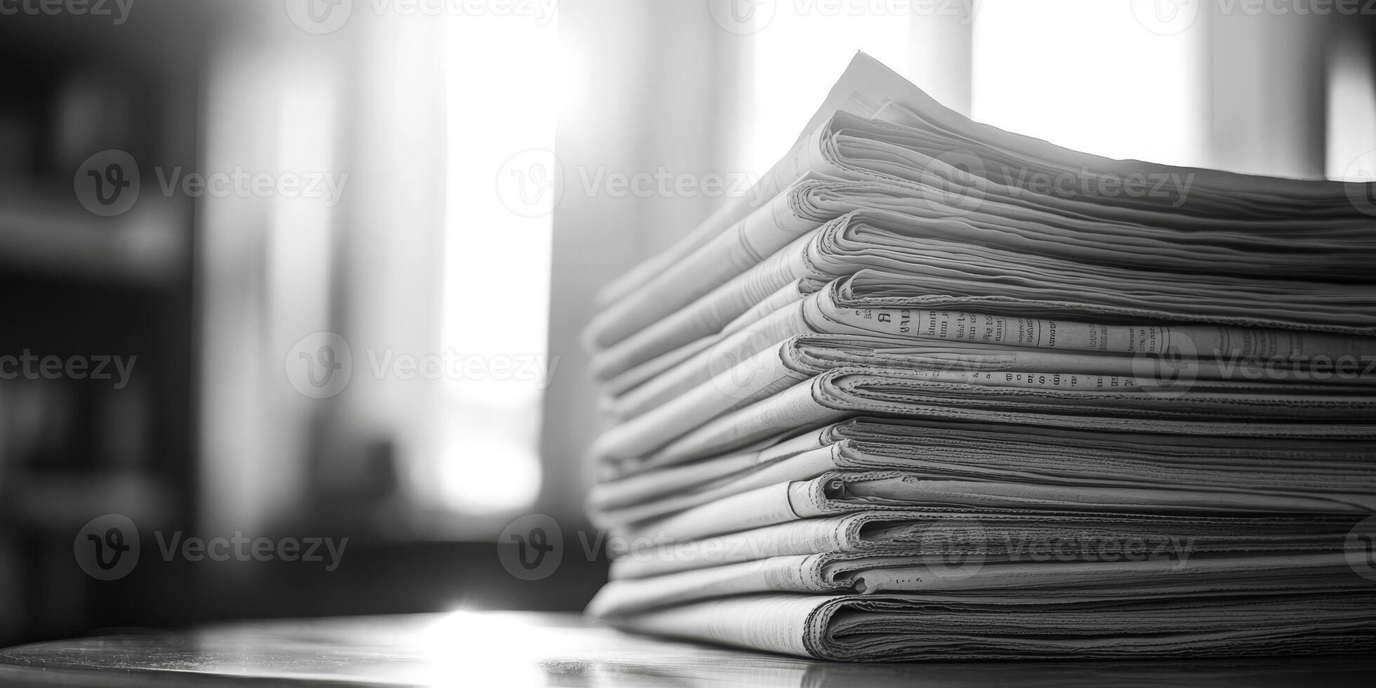 This black and white image of neatly stacked newspapers evokes a sense of nostalgia and timeless appeal, making it a perfect choice for enhancing aesthetics on social media platforms and beyond photo