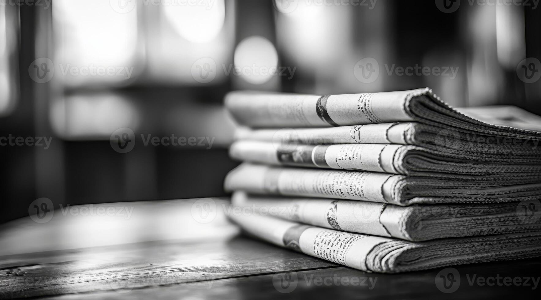 A strikingly stark black and white image showcases a meticulously organized and neat stack of newspapers, drawing attention to their beautifully textured pages and the elegance of their simplicity photo