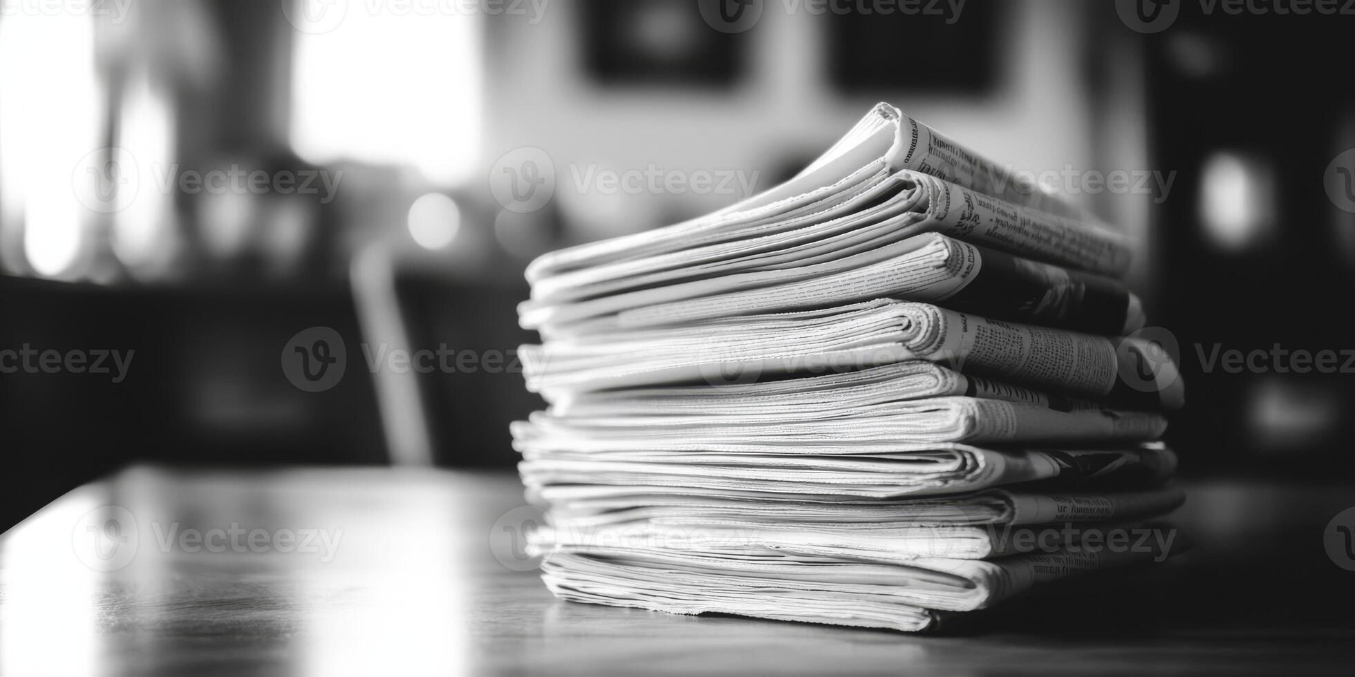 This monochrome image presents a beautiful, artistic view of neatly stacked newspapers, evoking a strong nostalgic feeling tied to the rich history of classic journalism and storytelling practices photo
