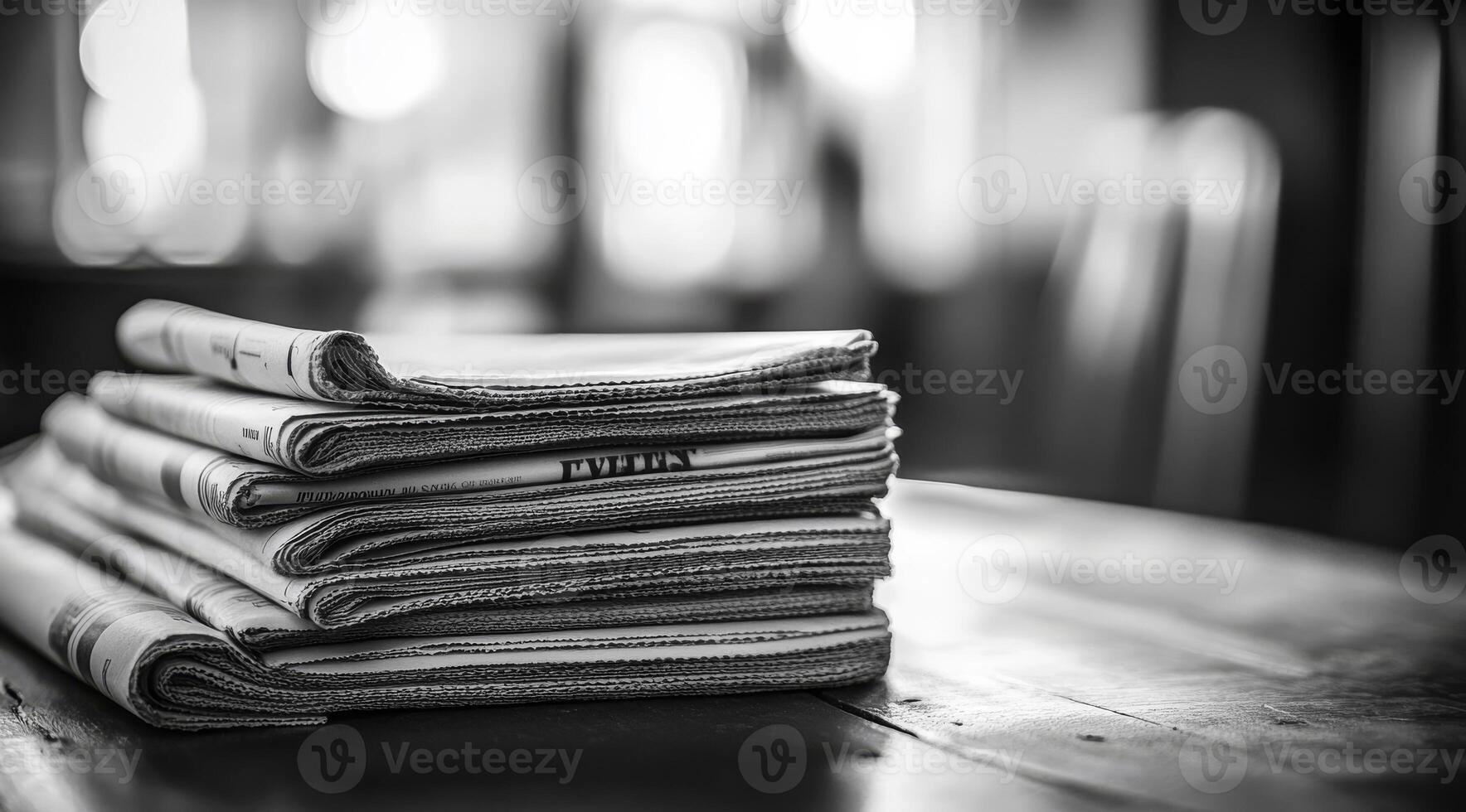 This striking black and white photograph showcases a meticulously arranged pile of newspapers, evoking a sense of nostalgia and the enduring charm associated with traditional media formats photo