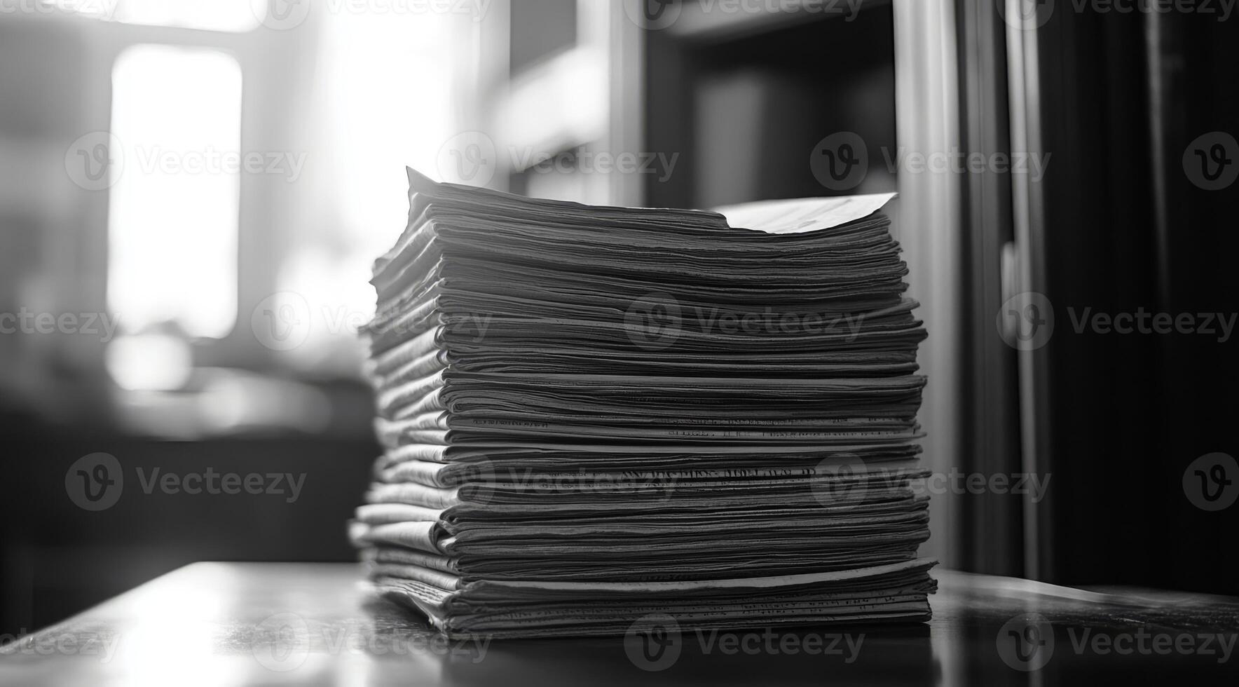 This monochrome image vividly showcases a distinctly neat and carefully organized stack of papers, effectively symbolizing high levels of organization and stunning simplicity in a modern workspace photo