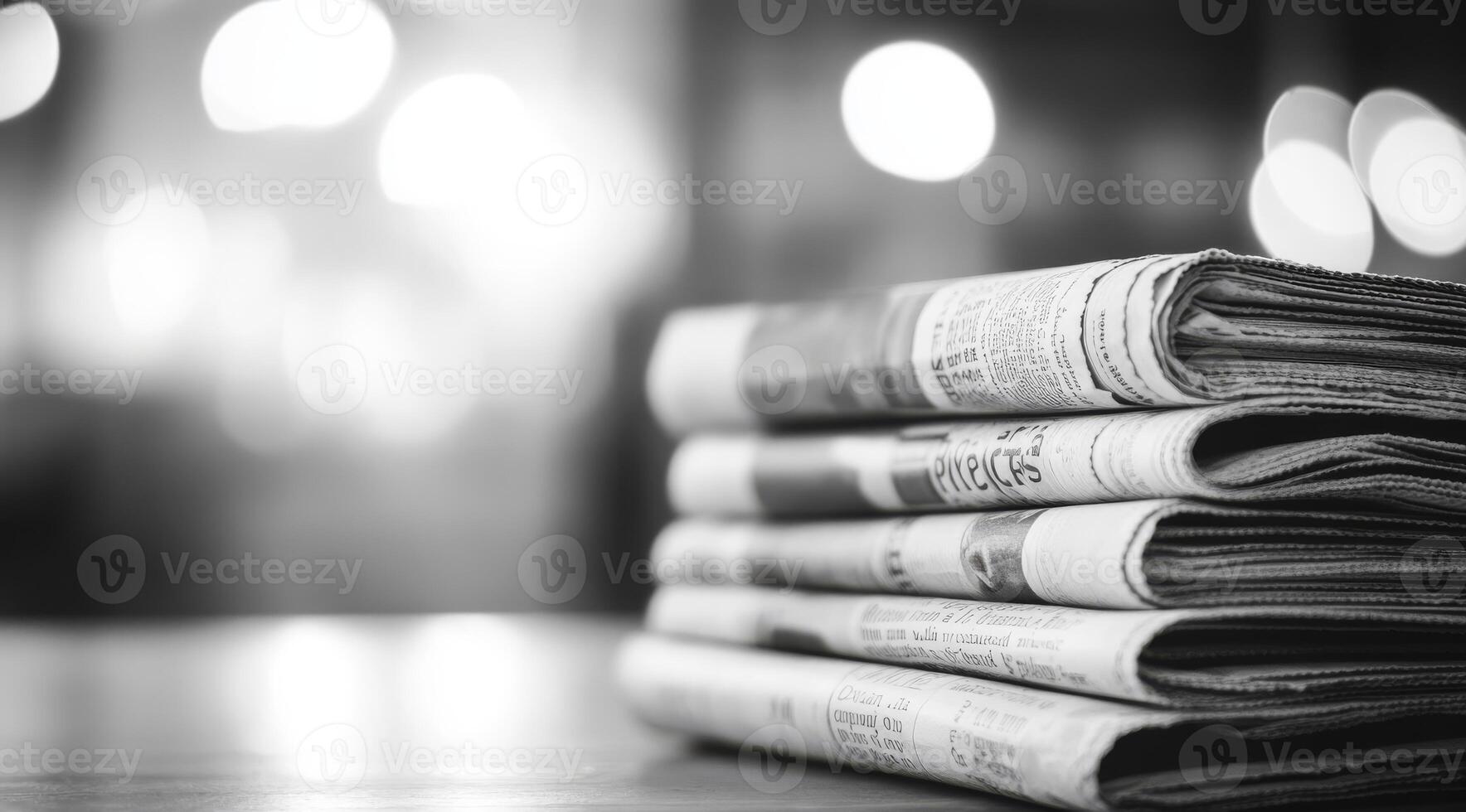 This black and white photograph features a stack of vintage newspapers, evoking nostalgia and showcasing the enduring history of journalism and the culture of reading from a bygone era photo