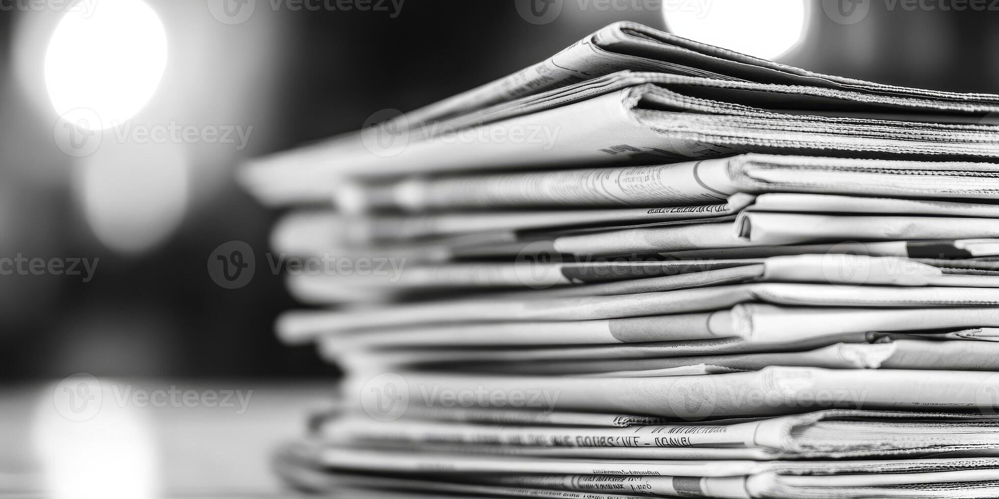 This captivating image features a closeup of neatly stacked newspapers in a striking black and white palette, highlighting their intricate texture, depth, and layered arrangement photo