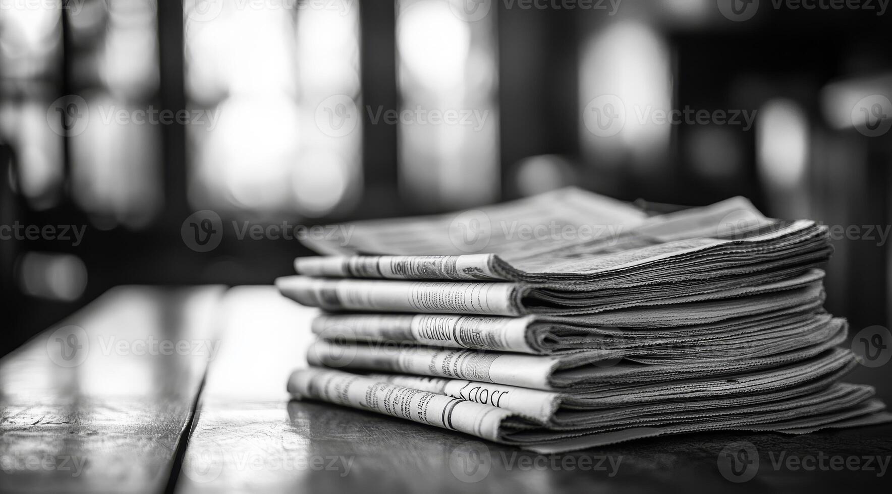 A charming pile of black and white newspapers is resting gently on a beautifully crafted wooden table, perfectly capturing a nostalgic feel in a calm and serene environment that invites contemplation photo