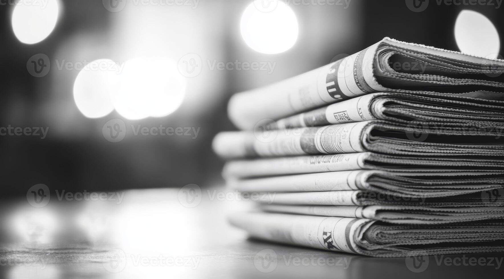 A monochrome image captures a neatly arranged stack of newspapers, evoking feelings of nostalgia and emphasizing the timeless essence of print media that has persisted throughout the years photo