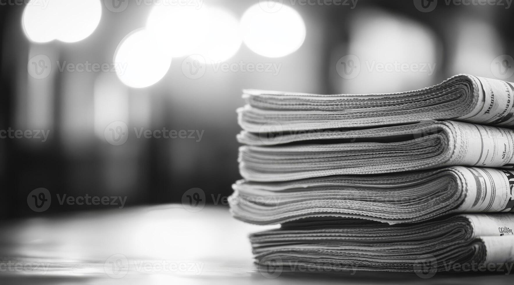 This striking black and white image brilliantly highlights a carefully arranged stack of various newspapers, showcasing the timeless elegance of print media amidst todays fastpaced digital age photo