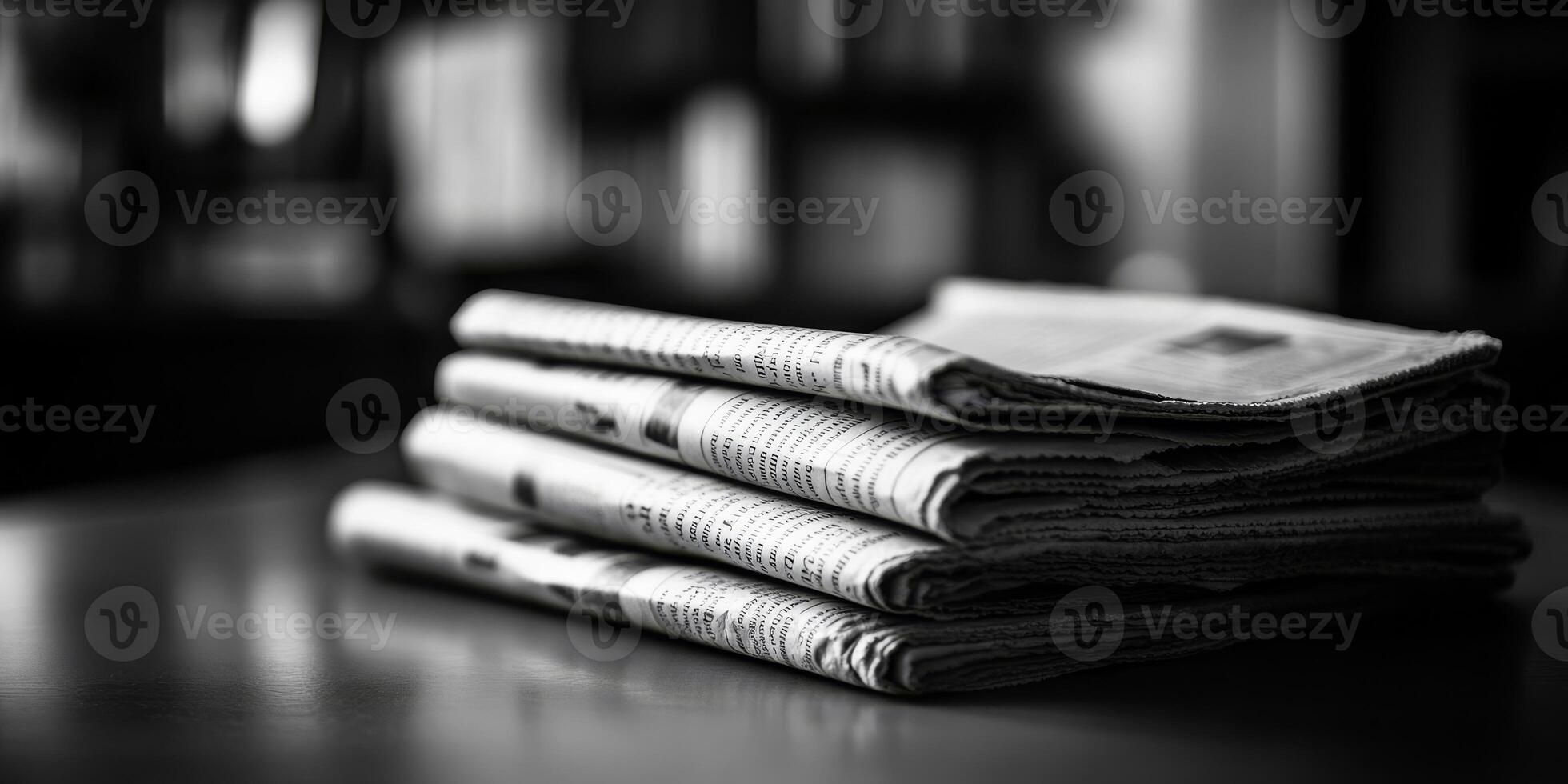 A captivating black and white photograph showcases neatly stacked newspapers, beautifully evoking nostalgia while encapsulating the profound essence of traditional journalism and its rich history photo