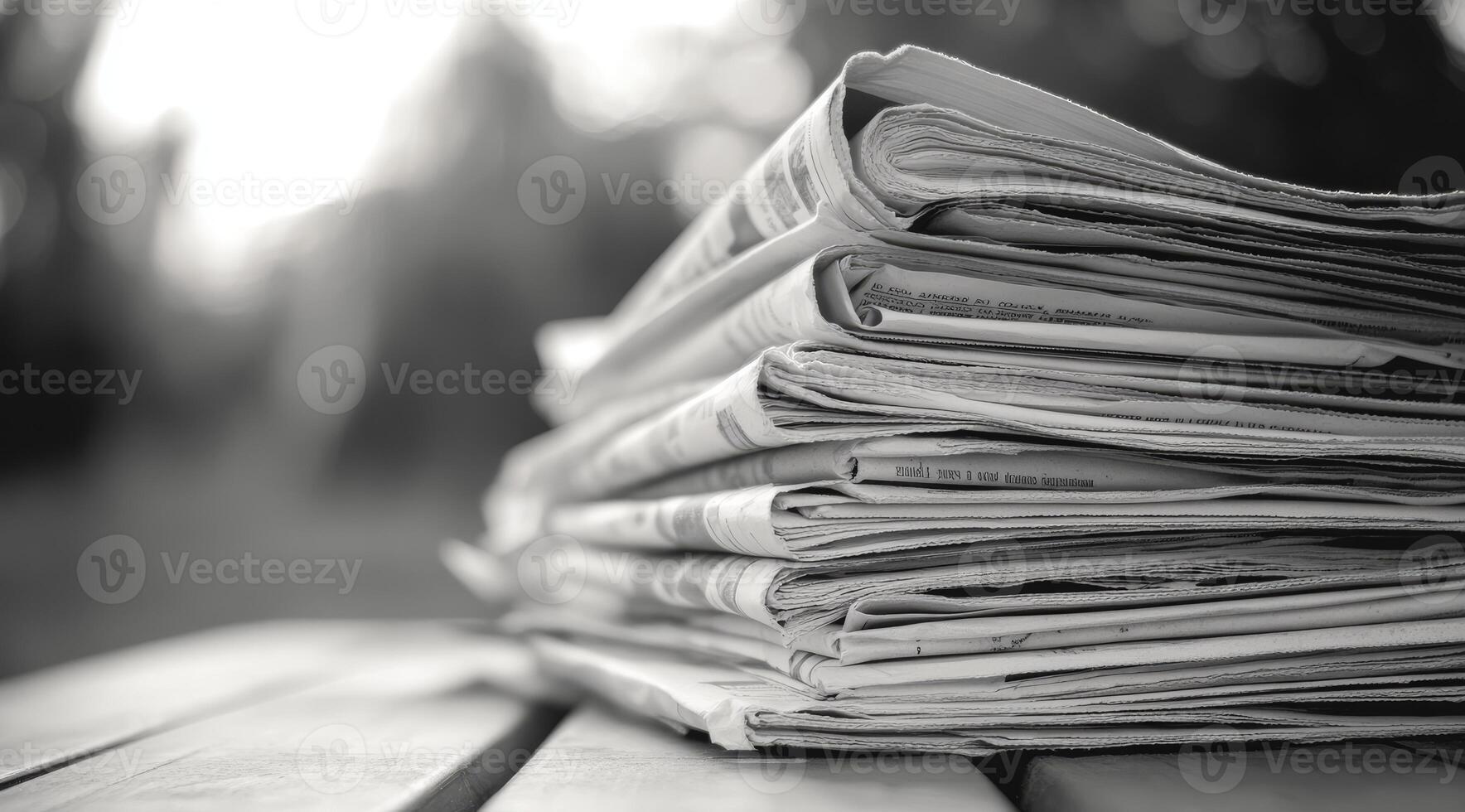 Explore the nostalgic beauty and rich texture of stacked newspapers rendered in striking black and white, beautifully capturing a moment in time as well as the true essence of traditional media forms photo
