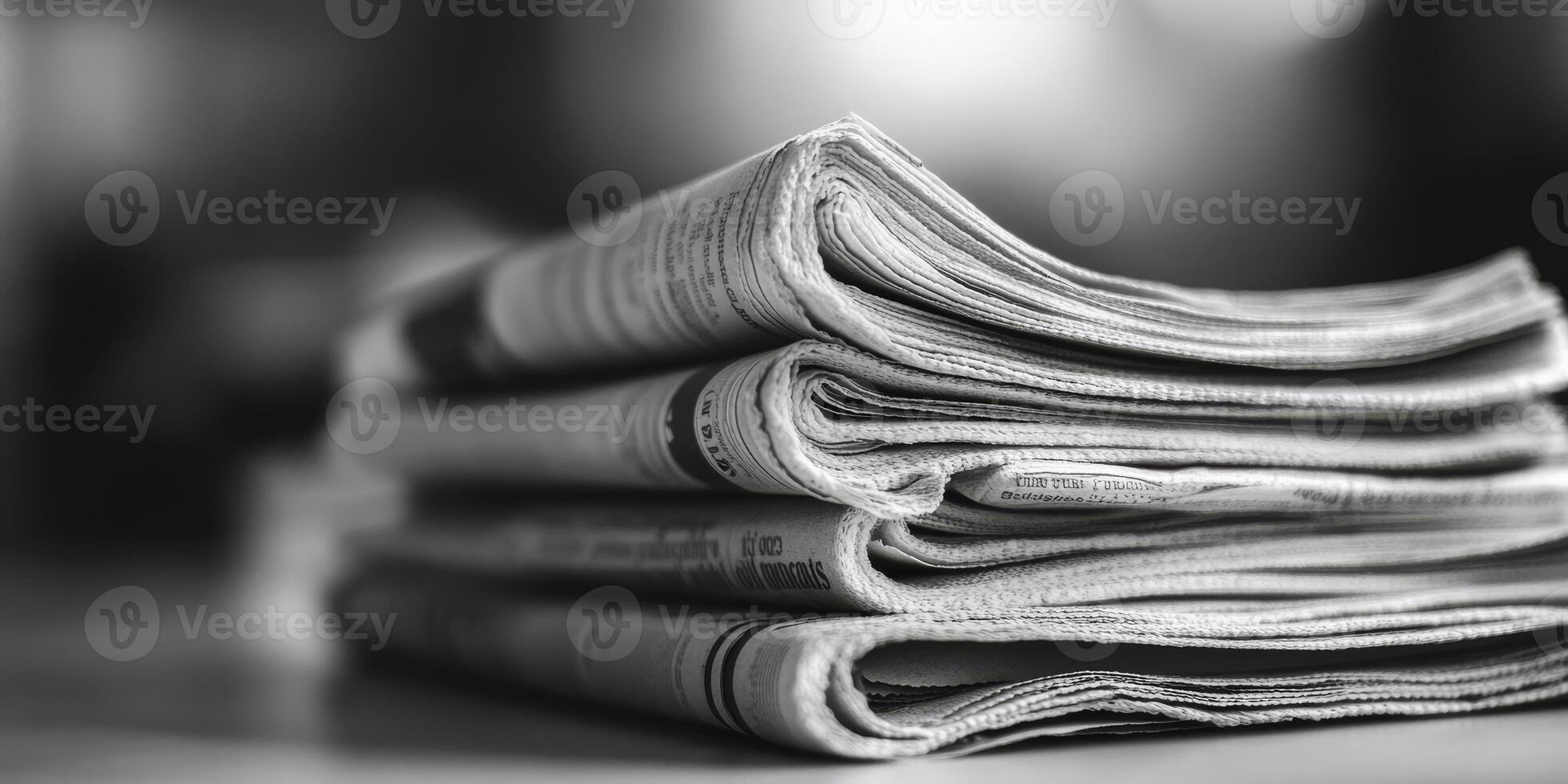 This black and white photo features a neatly stacked pile of newspapers, emphasizing the charm of print media in todays digital landscape, where traditional communication is being reevaluated
