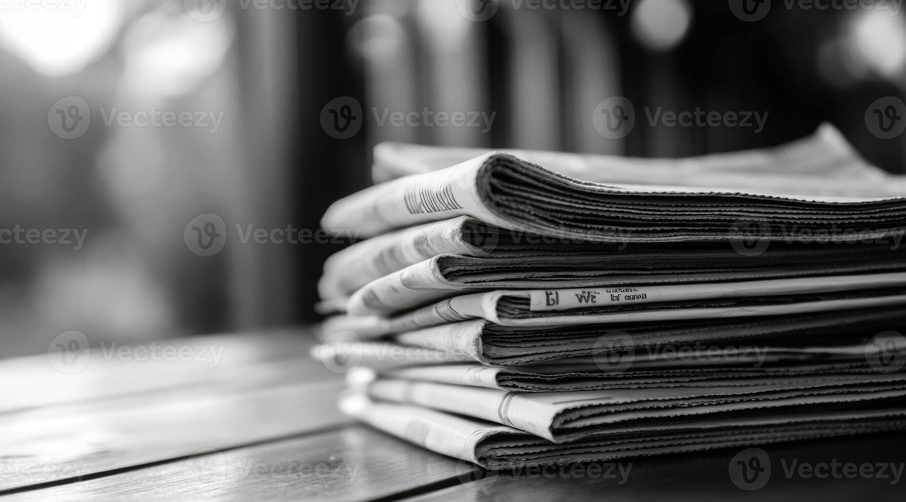 This monochrome image beautifully showcases a neatly stacked collection of newspapers, effectively illustrating the timeless art of journalism set against a rustic wooden surface, evoking nostalgia photo