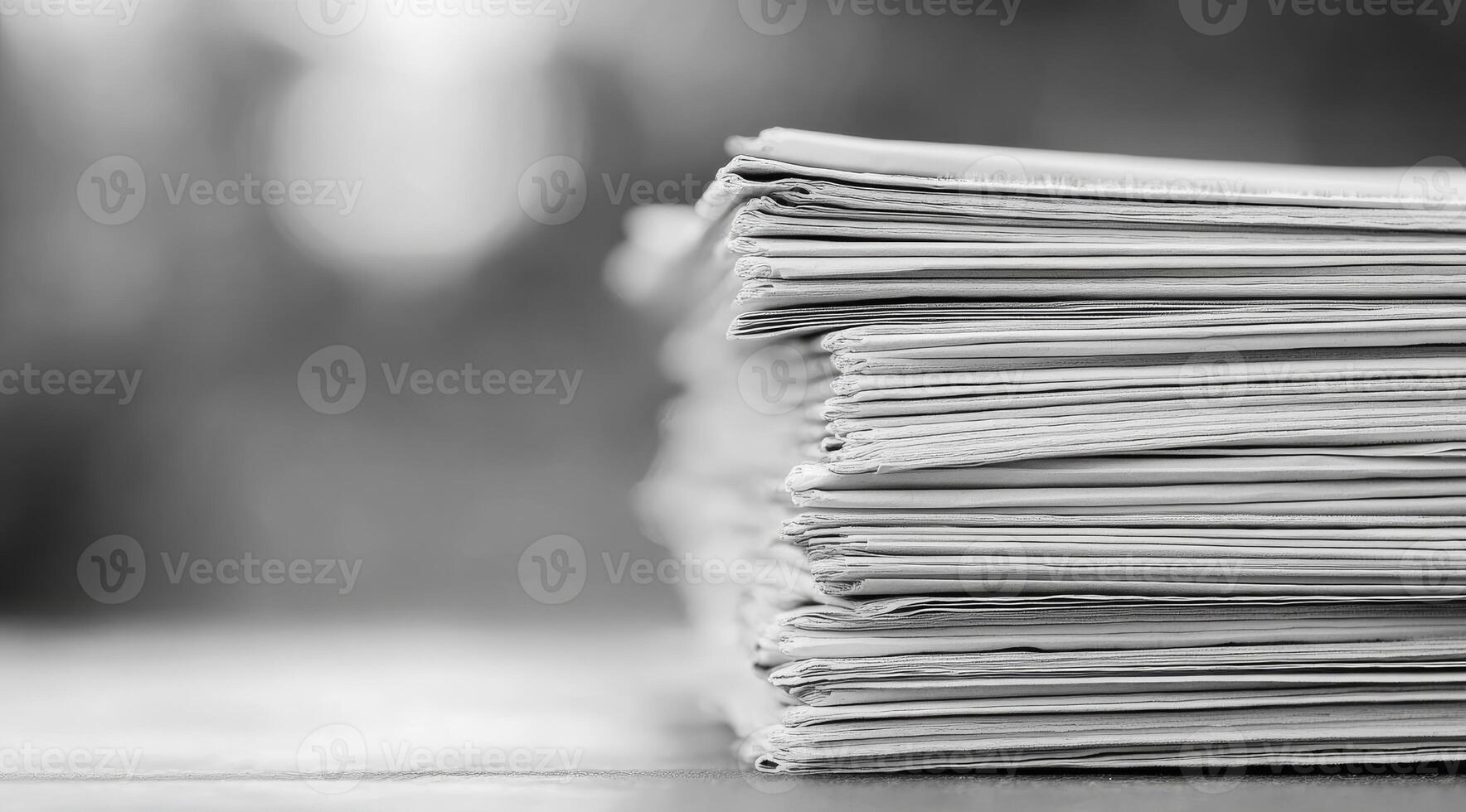 This stunning image features a closeup of a neatly arranged stack of papers. Captured in black and white, it highlights elegance in simplicity and the impressive details of careful organization photo