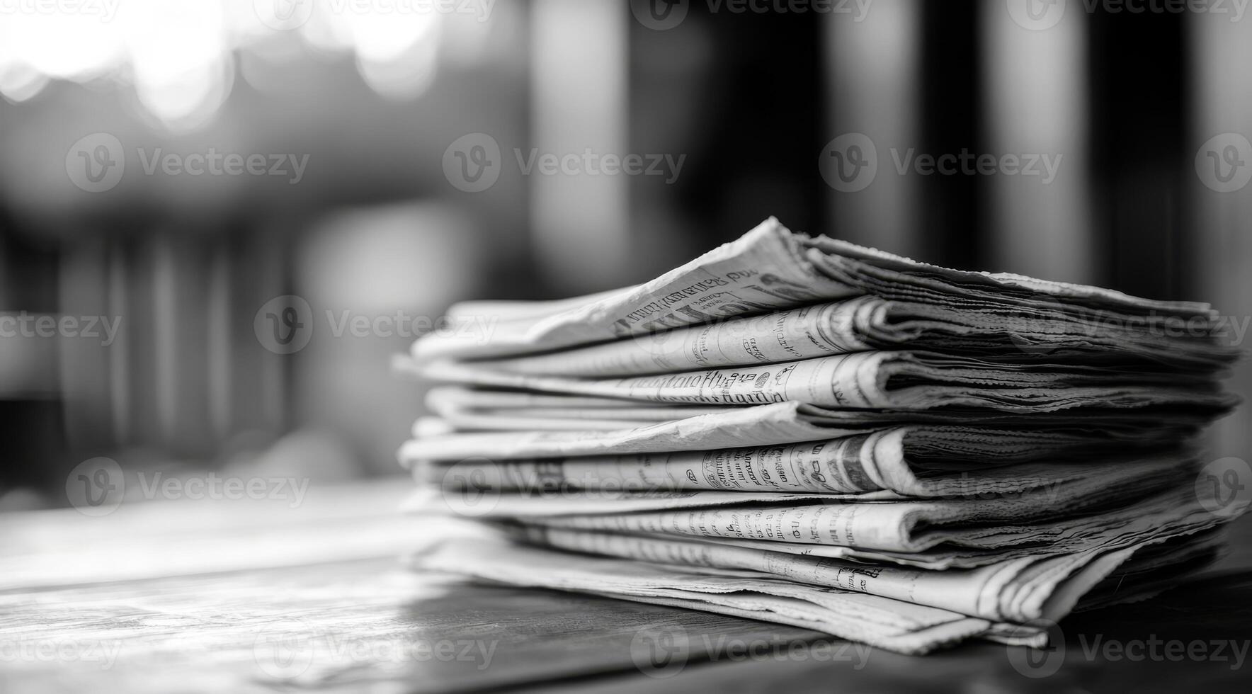 This vintage black and white image of stacked newspapers captures the essence of traditional media, evoking nostalgia and highlighting its historical significance in communication photo