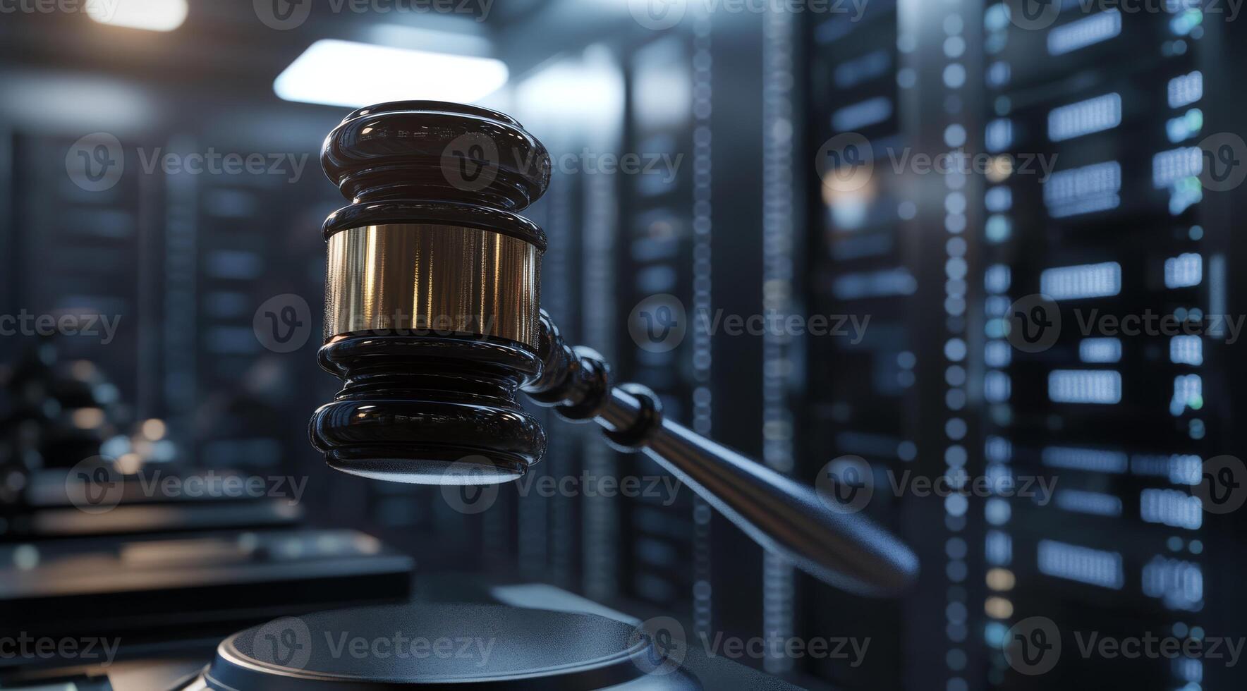 A judicial gavel positioned prominently within a stateoftheart AI data center, representing the significant and dynamic intersection of law and advanced technology in contemporary society photo