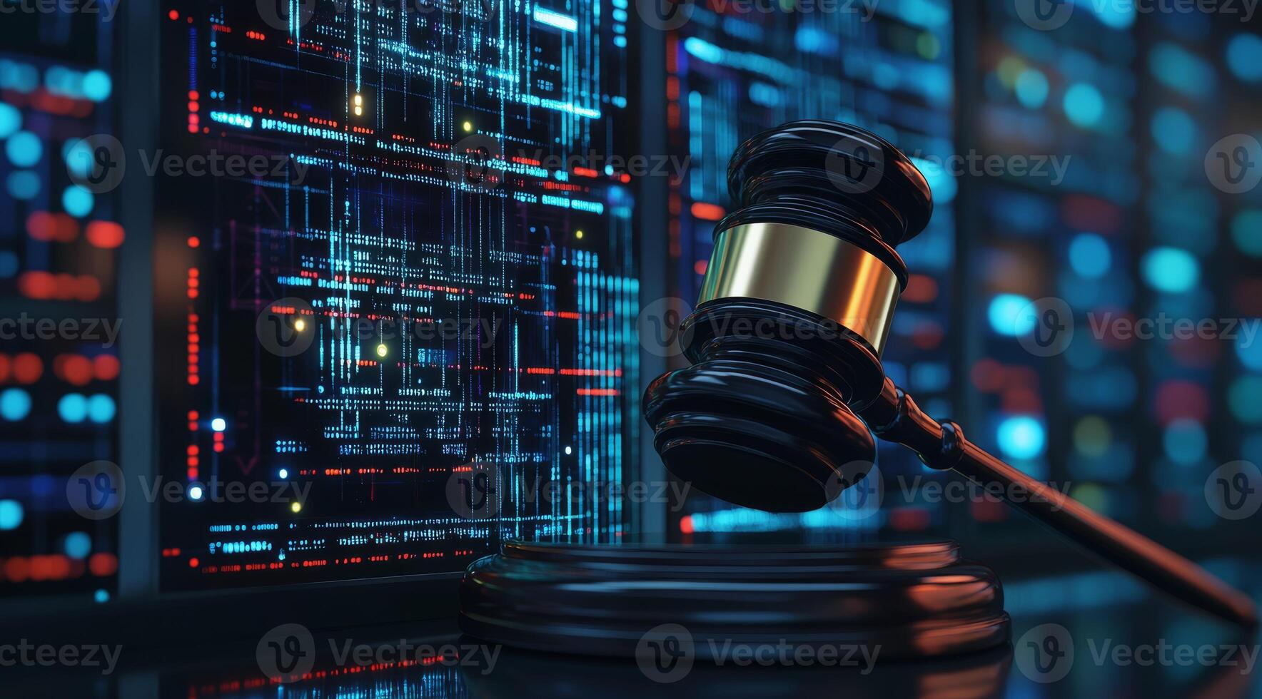 A judicial gavel rests prominently at the very forefront of a vibrant and hightech artificial intelligence data center, symbolizing the important intersection of law and advanced technology photo
