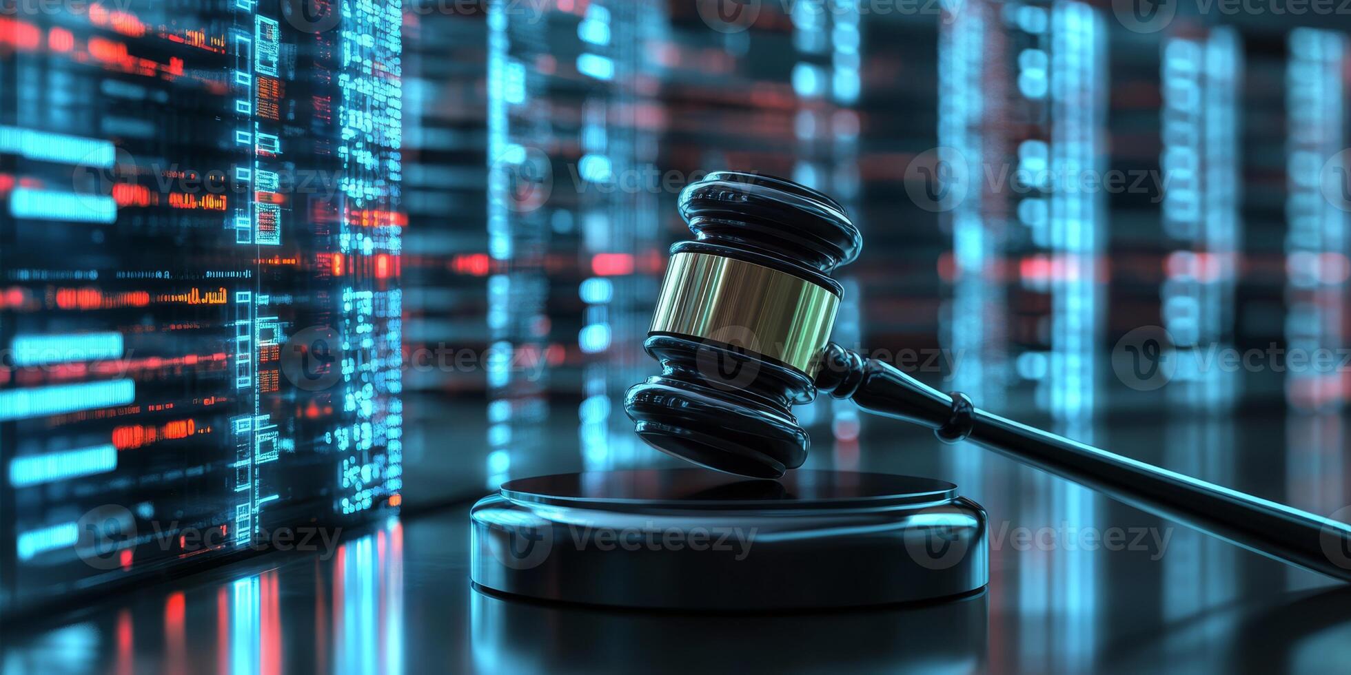 Imagine a striking image of a gavel in front of a lively AI data center, symbolizing the crucial intersection of law and technology in our fastevolving world, where both influence each other photo