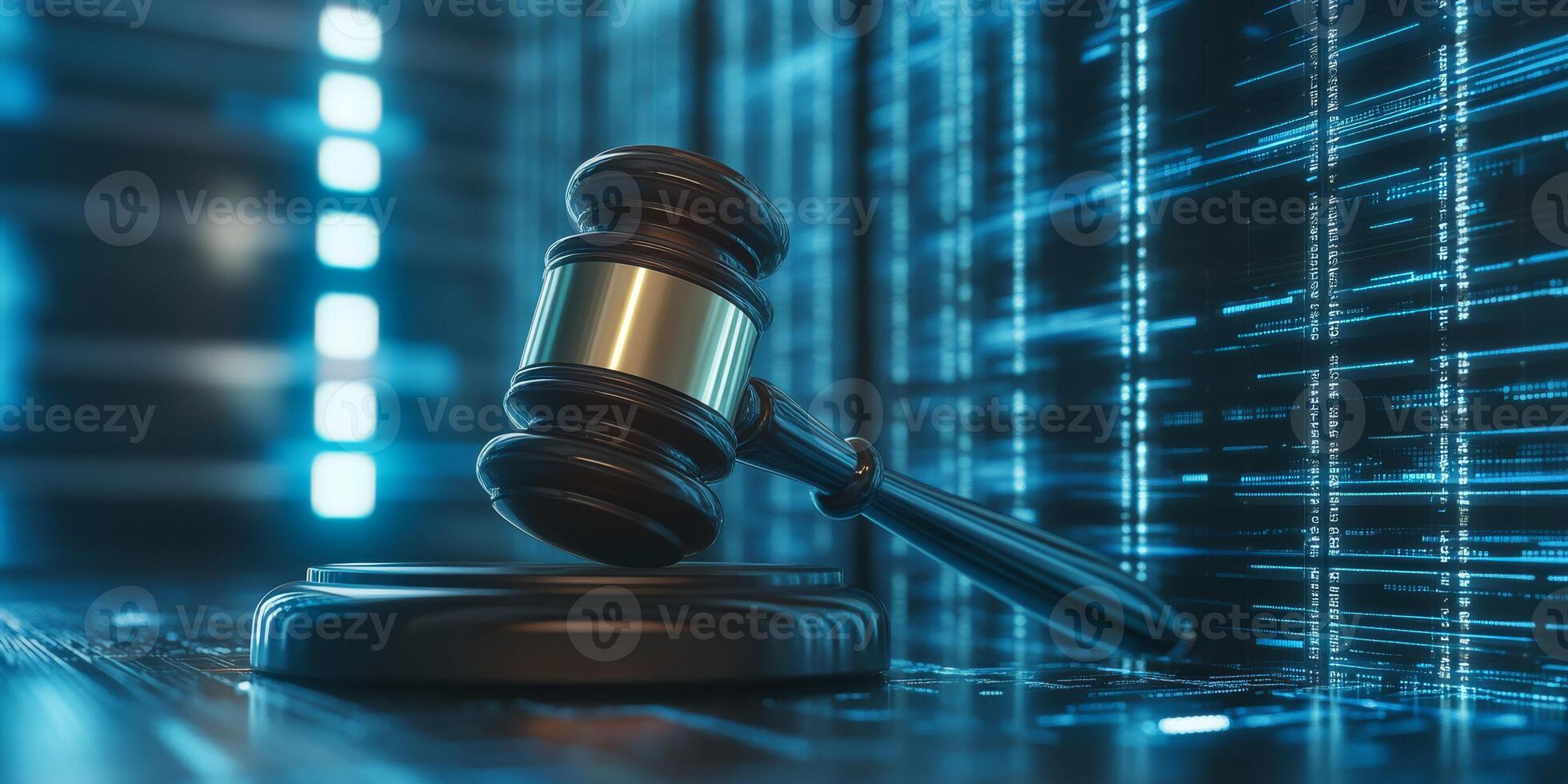 A judicial gavel is carefully positioned on a sleek digital surface, symbolizing the critical intersection where traditional law meets the cuttingedge world of artificial intelligence technology photo