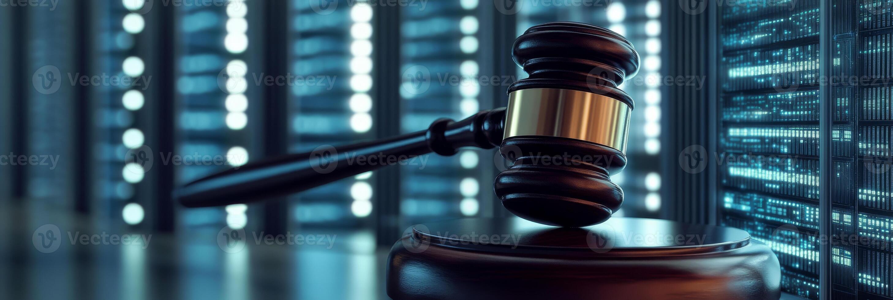 A judicial gavel rests prominently in an advanced AI data center, symbolizing the powerful and important intersection of law, technology, and justice in our rapidly evolving digital age today photo
