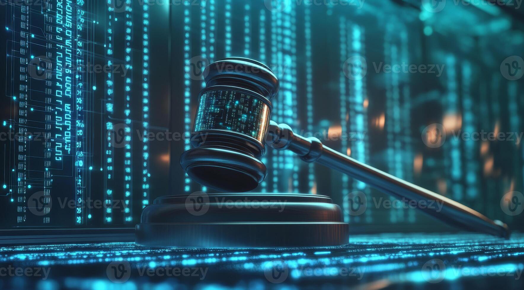 A gavel against dynamic digital data symbolizes the complex intersection of law and technology, highlighting the relationship between justice and advancements in artificial intelligence photo