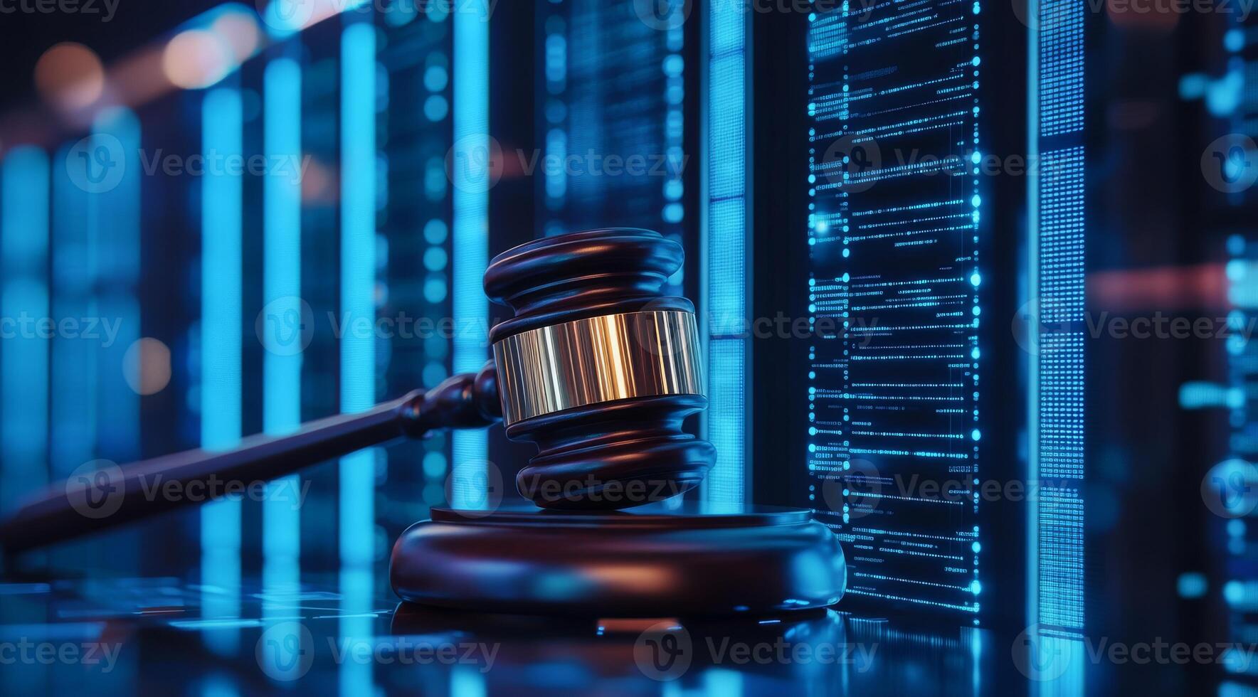 A solitary gavel rests on a beautifully polished desk that stands in front of cuttingedge AI servers, symbolizing the crucial and important link between law and technology in our modern society photo