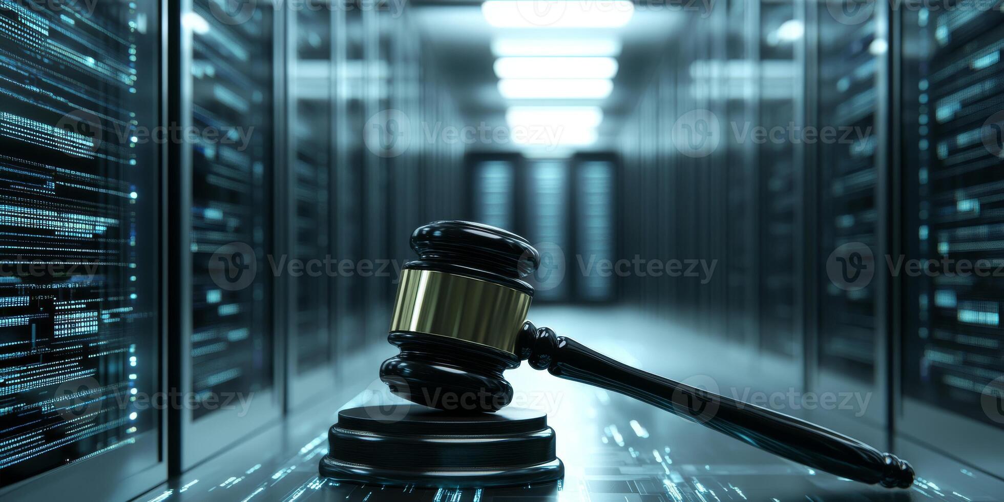 A gavel in an AI data center symbolizes the complex intersection of law and technology, highlighting their significant influence on each other in todays rapidly evolving digital age photo