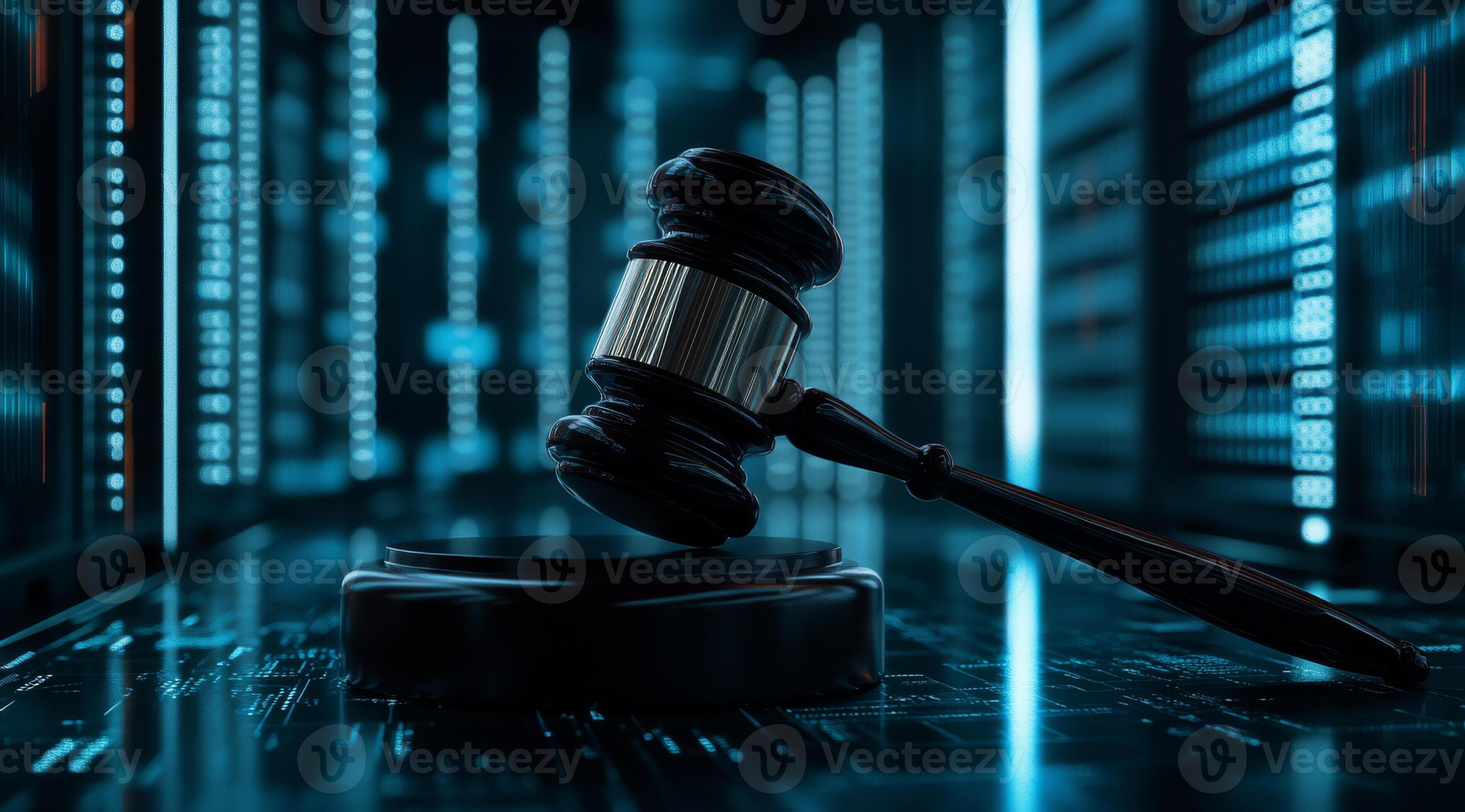 A gavel on a podium in an AI data center symbolizes the blend of legal