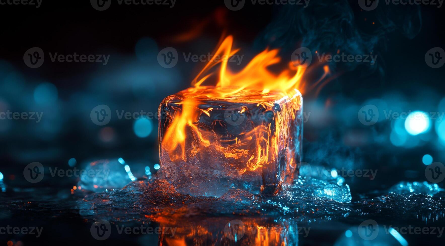 An ice cube set ablaze, beautifully illustrating the stark juxtaposition between raging fire and the frozen essence of ice, capturing the fascinating duality present in natures elements photo