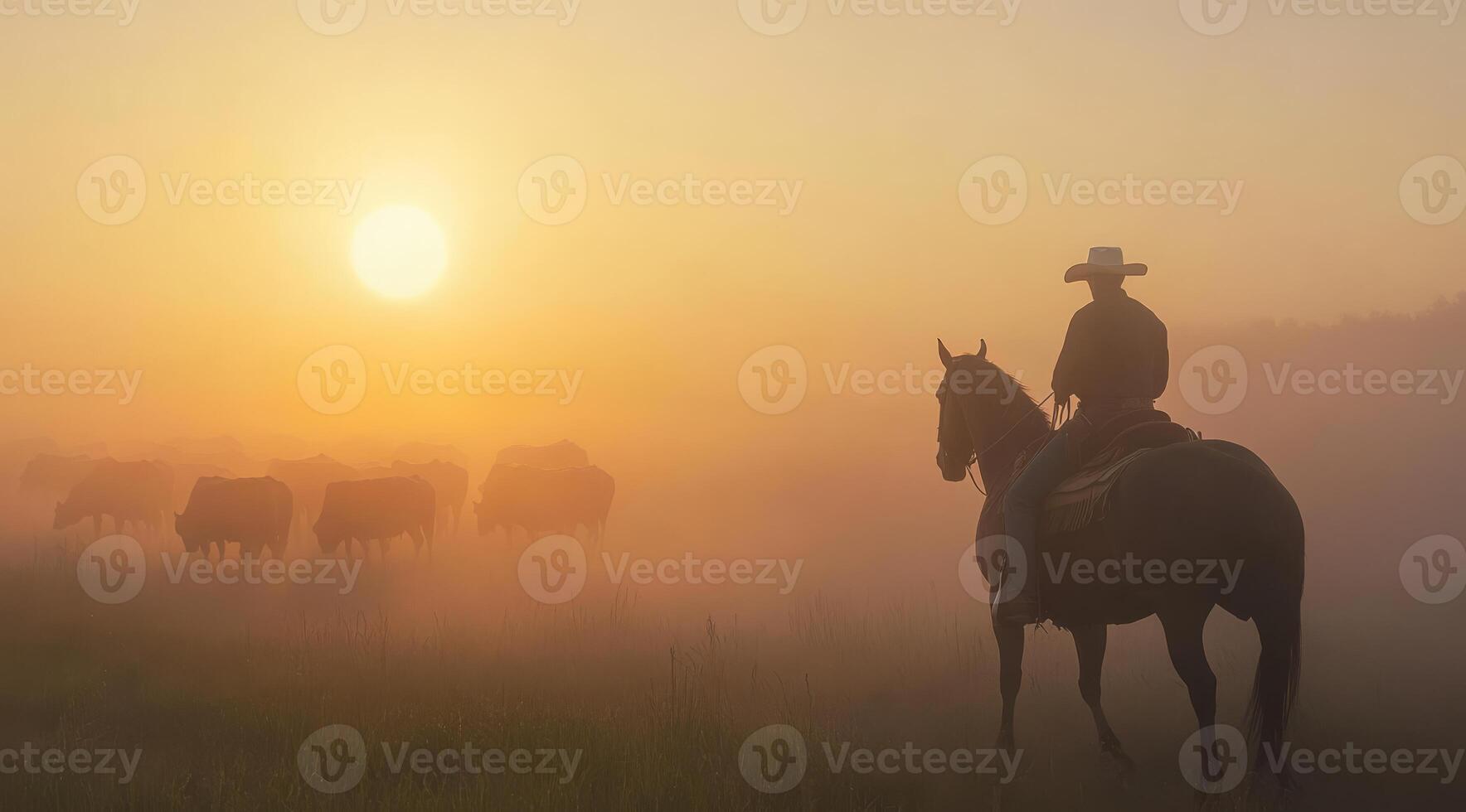 In the peaceful morning, a skilled cowboy guides a large herd of cattle on horseback through dense mist, as the rising sun illuminates the breathtaking landscape, creating a picturesque scene photo