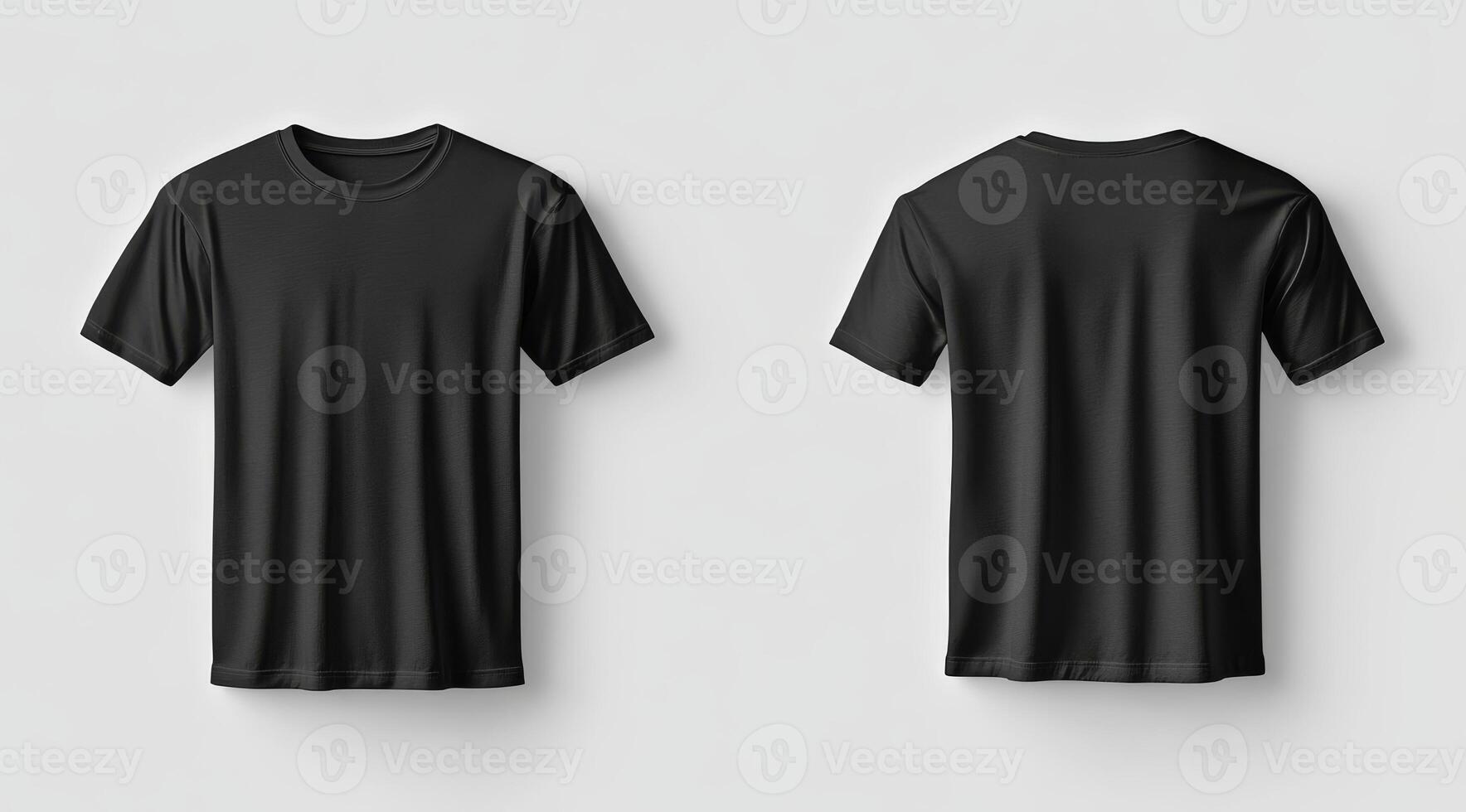 A detailed mockup of a black blank tshirt is presented prominently against a pristine white wall, highlighting both front and back views, making it perfect for various design and branding purposes photo