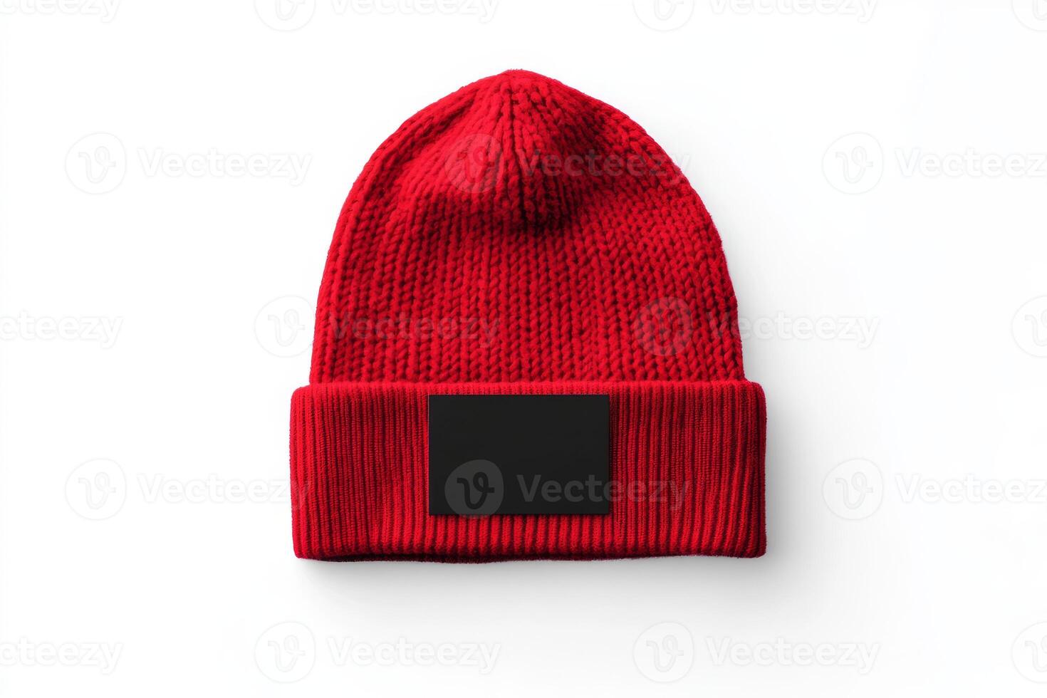 This stylish red knitted beanie is designed with a black unbranded mockup label, making it an ideal choice for various customization options or for personal use to elevate your fashion sense photo
