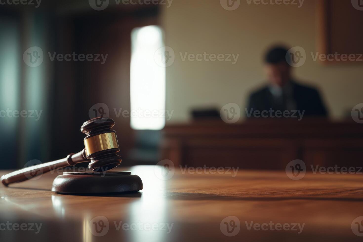 A courtroom scene featuring a gavel on the table and a figure in the background, symbolizing justice. photo