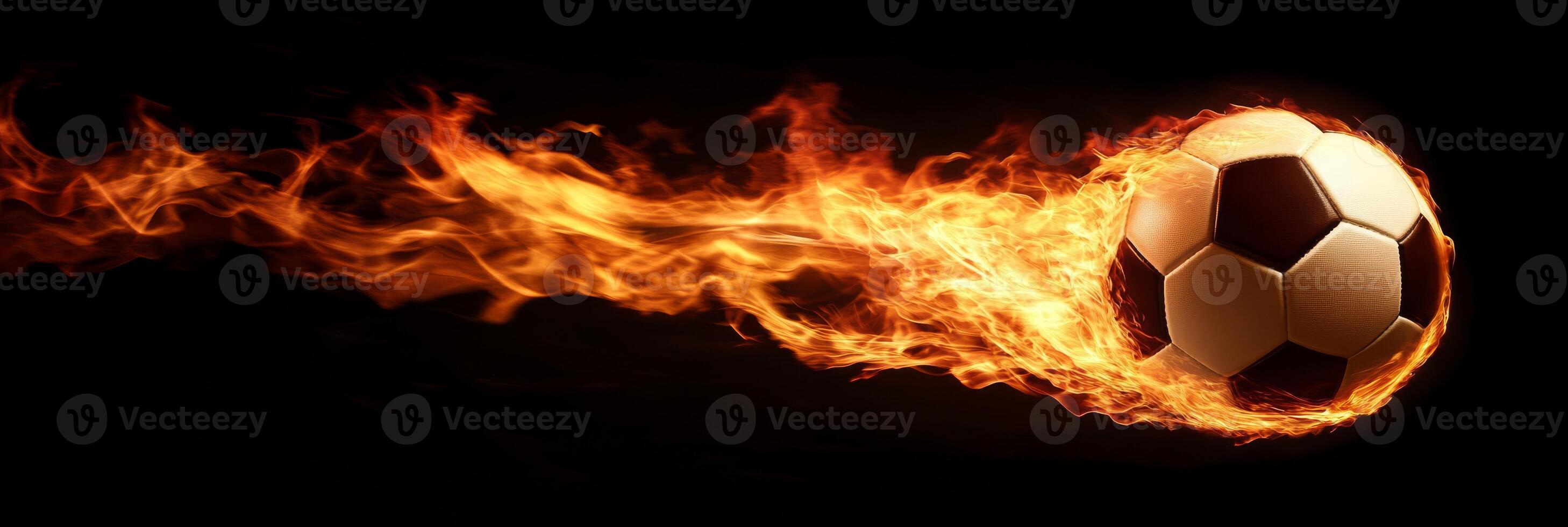 A dynamic soccer ball is artistically surrounded by vibrant flames, showcasing the energy and passion found in sports photo
