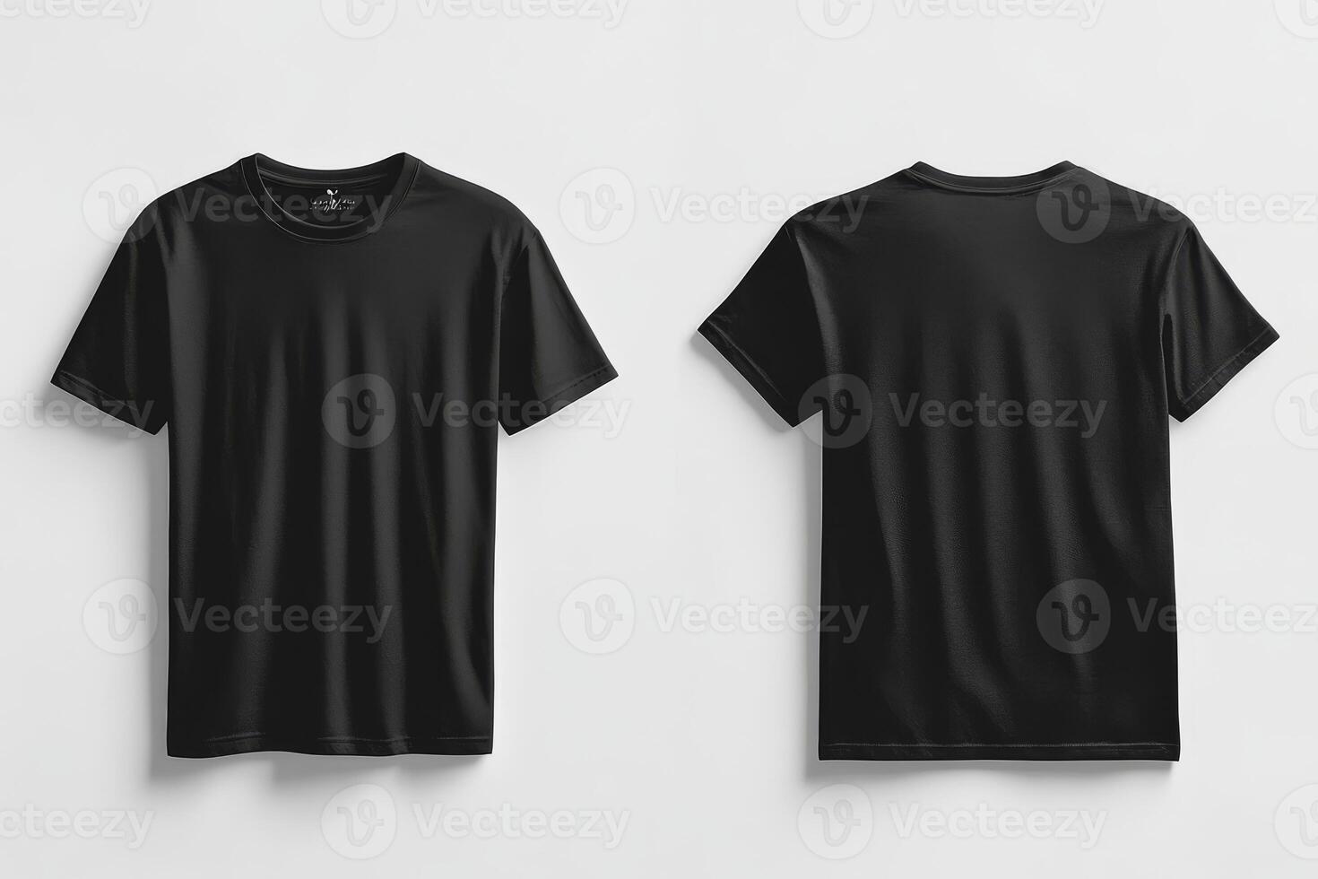 This stylish mockup showcases a black tshirt that displays both front and back views, elegantly set against a clean white wall, making it ideal for effectively showcasing various designs and apparel photo
