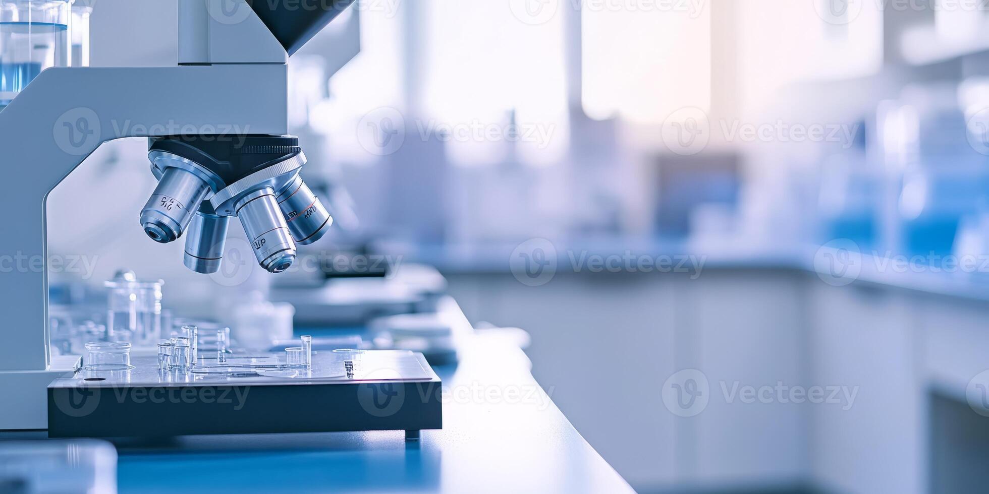 A bustling lab features an advanced microscope and quality glassware, creating a hightech atmosphere that emphasizes scientific research and innovative exploration of new frontiers photo