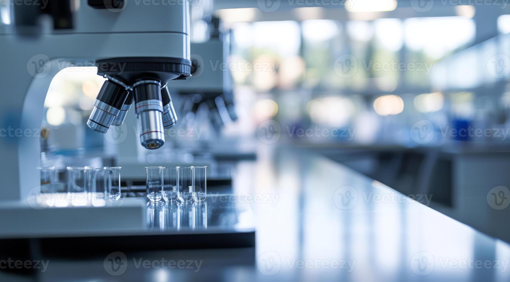 This is a contemporary laboratory equipped with a stateoftheart microscope, numerous test tubes, and an expansive layout, ideal for conducting indepth scientific research and thorough analysis photo