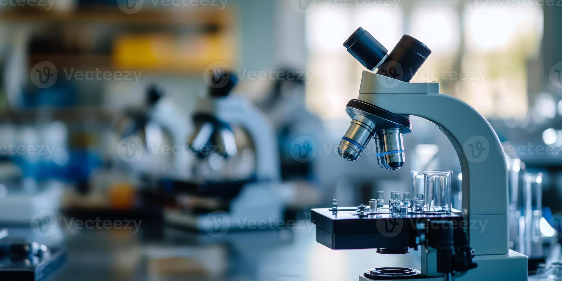 A wellequipped laboratory that showcases multiple highquality microscopes arranged neatly on a lab table, making it perfect for various scientific research activities and detailed experiments photo