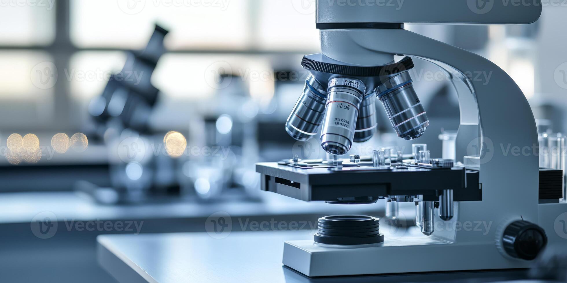 A closeup of an advanced microscope on a lab table, highlighting its role in diverse research and experiments, emphasizing the importance of precision in a professional environment photo