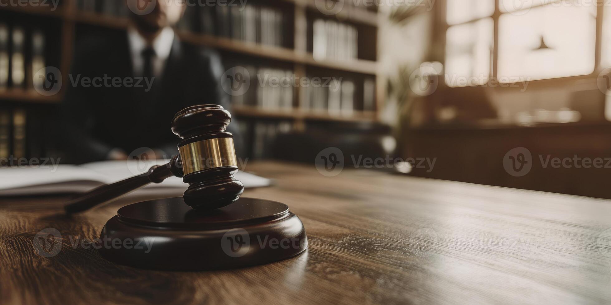 Closeup of a gavel on a polished desk with a focused lawyer in the background, symbolizing justice photo
